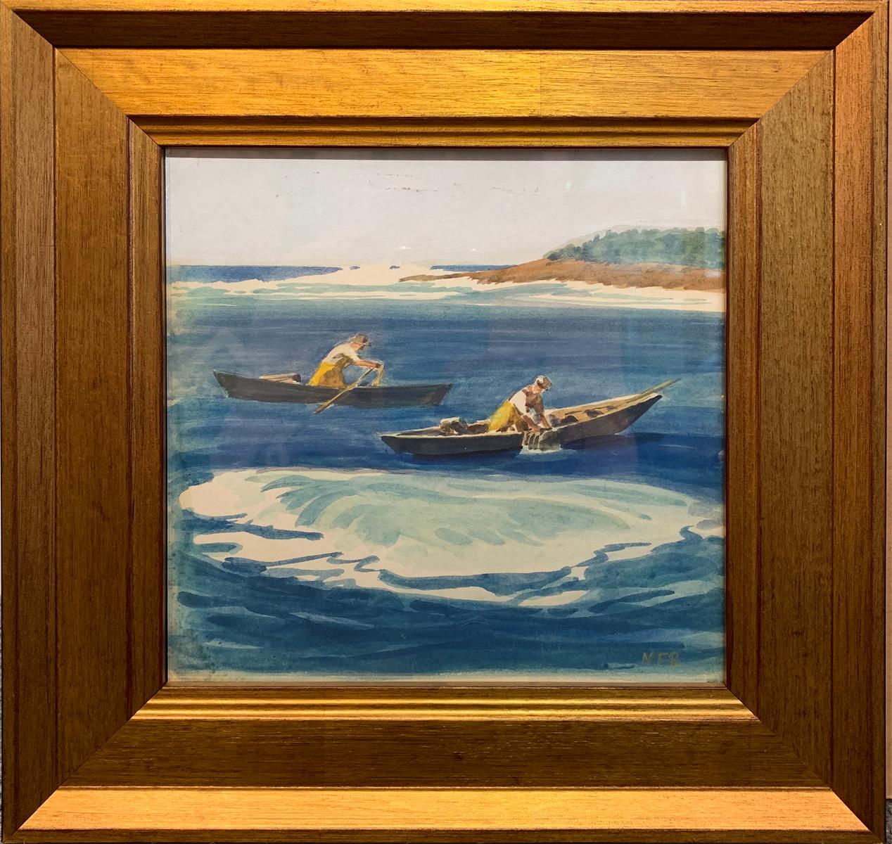 "Lobstermen" by American painter Nathaniel Beacham is a 8" x 8" watercolor marine painting. It is signed "NFB" in the lower right, it is in original condition, and it came from the Estate of the Artist. Additional shipping options and quotes by the