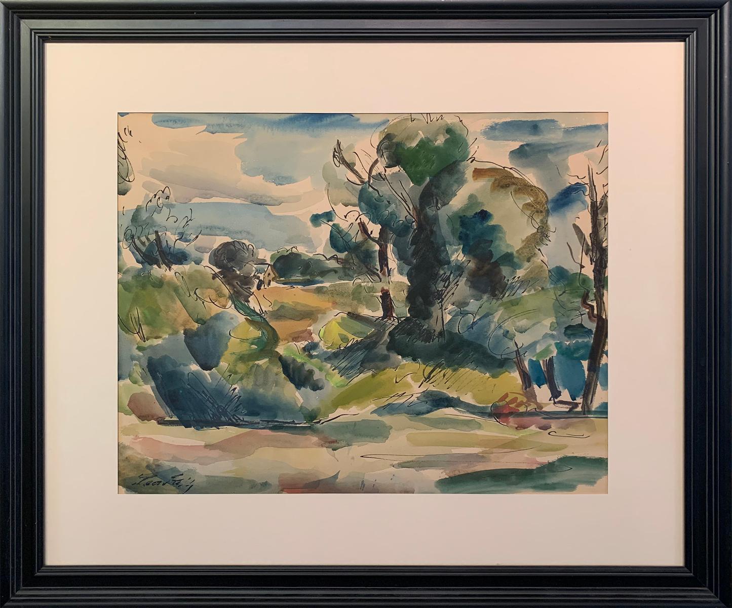 "Landscape" is a 17.5" x 23.5" modern landscape, watercolor and ink on paper by surrealist painter Leon Kelly. The painting is signed on the lower left "Leon Kelly". The artwork comes from the Earl Horter Estate. The painting is matted and framed.