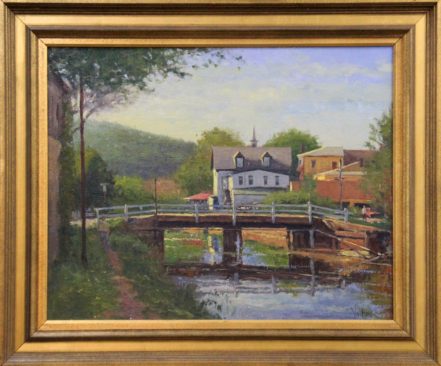 "Lambertville Morning" is a 22" x 28" oil on canvas landscape and townscape of the canal and homes in Lambertville, New Jersey. The painting is signed "Van Hook" in the lower right and comes from a private collection. Additional shipping options and
