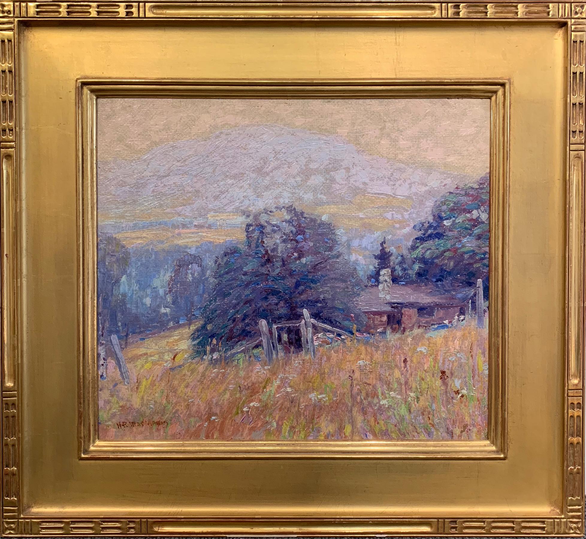 "Rocky Acres" by Henry Ryan MacGinnis is a 14" x 16" oil on masonite landscape painting. The work comes from the estate of the artist and is signed "H R MacGinnis" in the lower left. The painting is framed in a 22K gold reproduction frame.
Born in
