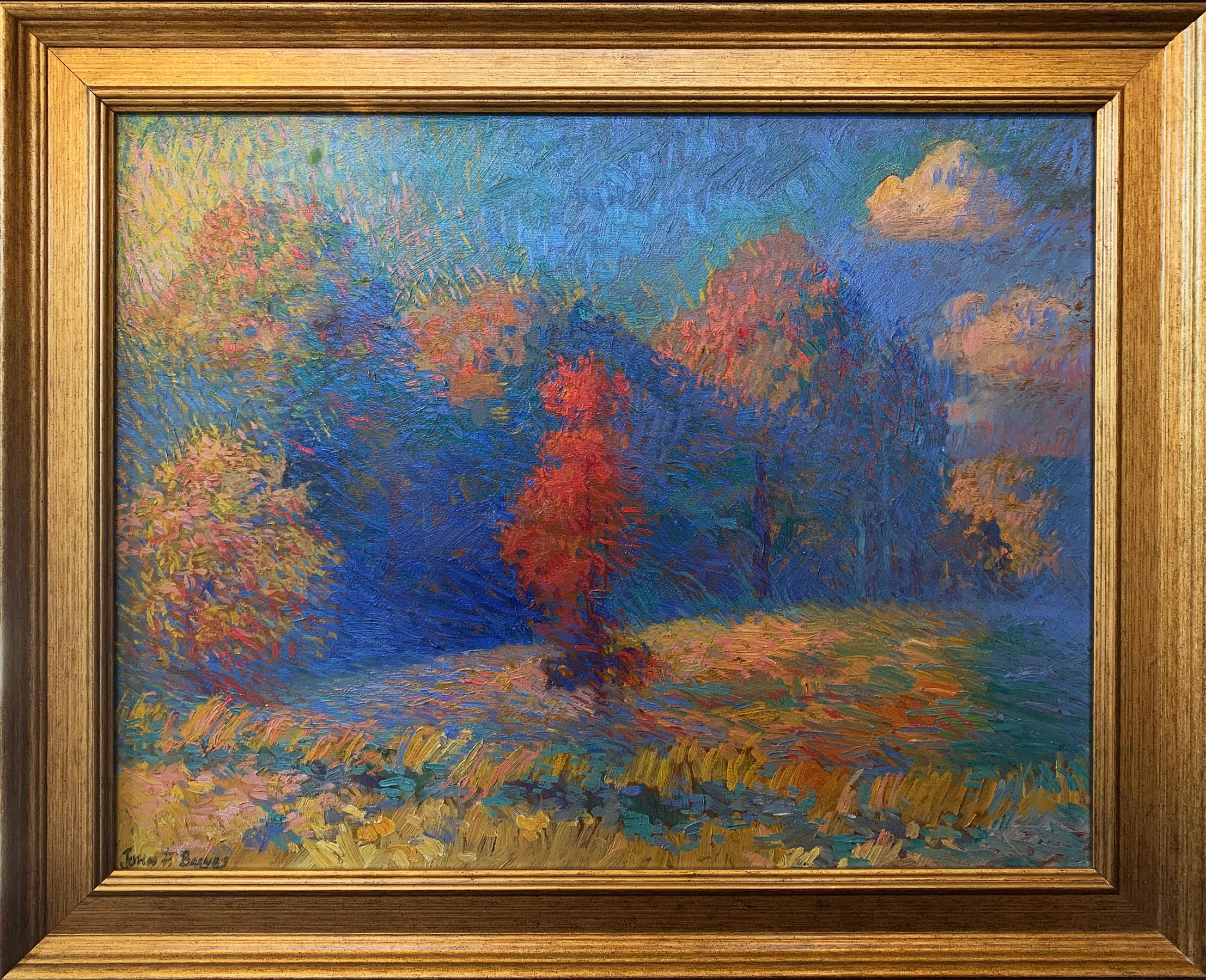 "All Alone" by John Pierce Barnes is a 16" x 20" oil on board landscape painting. The artwork was purchased from the artist's family, it is signed "John P. Barnes" on the lower left. He began a second painting on the back of the board. Additional