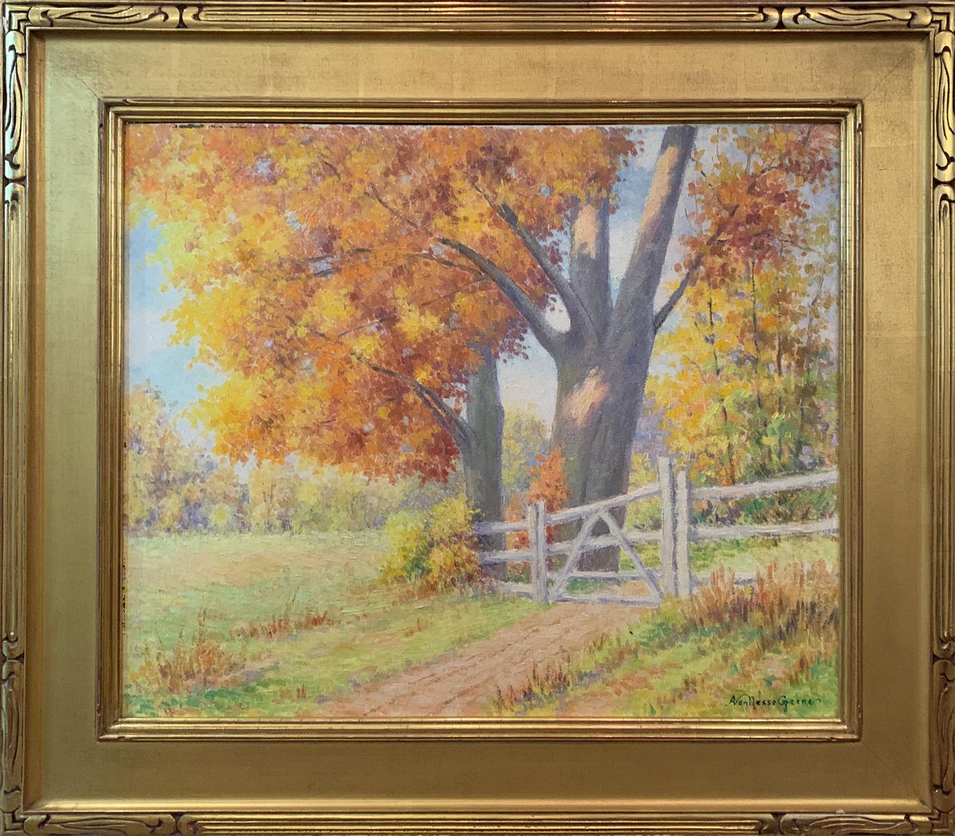 "Golden Maple" is a 20" x 24" oil on board, impressionist painting by Albert Van Nesse Greene. It is framed and signed "A Van Nesse Greene" at the lower right. The painting came from a private collection in Chester Springs, Pennsylvania. Additional