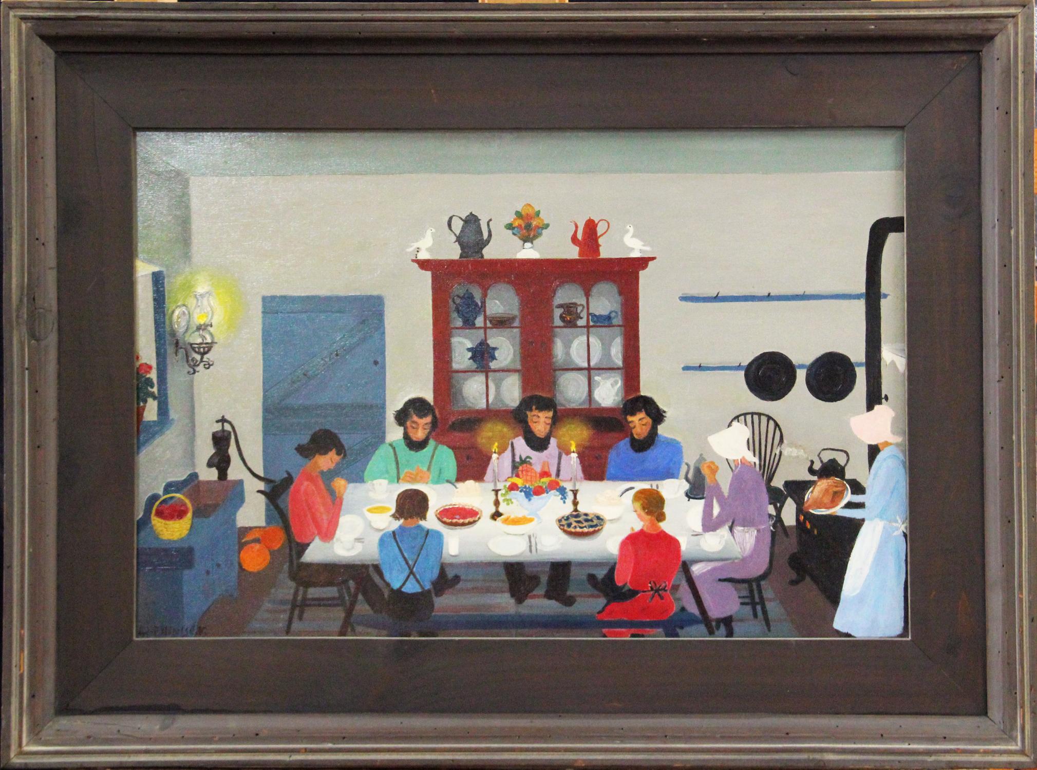 "Love Feast" is an oil on canvas painting by Pennsylvania Dutch folk artist and antique dealer, David Ellinger (American, 1913 - 2003).
The 16" x 24" painting of an Amish family praying before a meal is signed "D Ellinger" on the front lower left as
