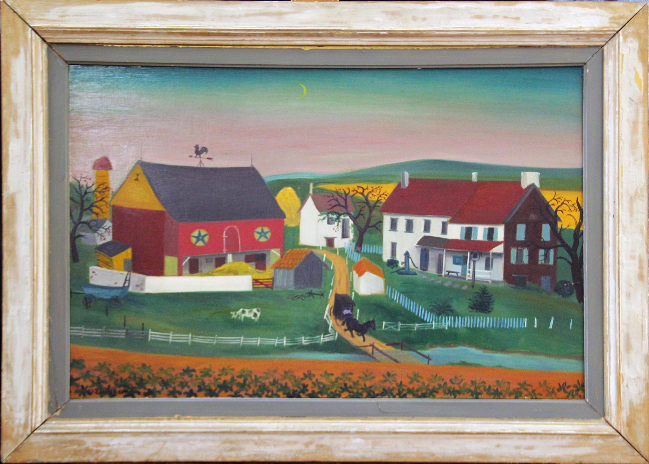 "Blue Hills" is an oil on panel painting by Pennsylvania Dutch folk artist and antique dealer, David Ellinger (American, 1913 - 2003).
The 20" x 30" painting of a farm scene with a red barn and a horse-drawn Amish carriage to the center is signed "D