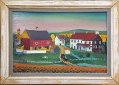 David Ellinger, "Blue Hills", Oil on Panel, Signed, American Folk Art