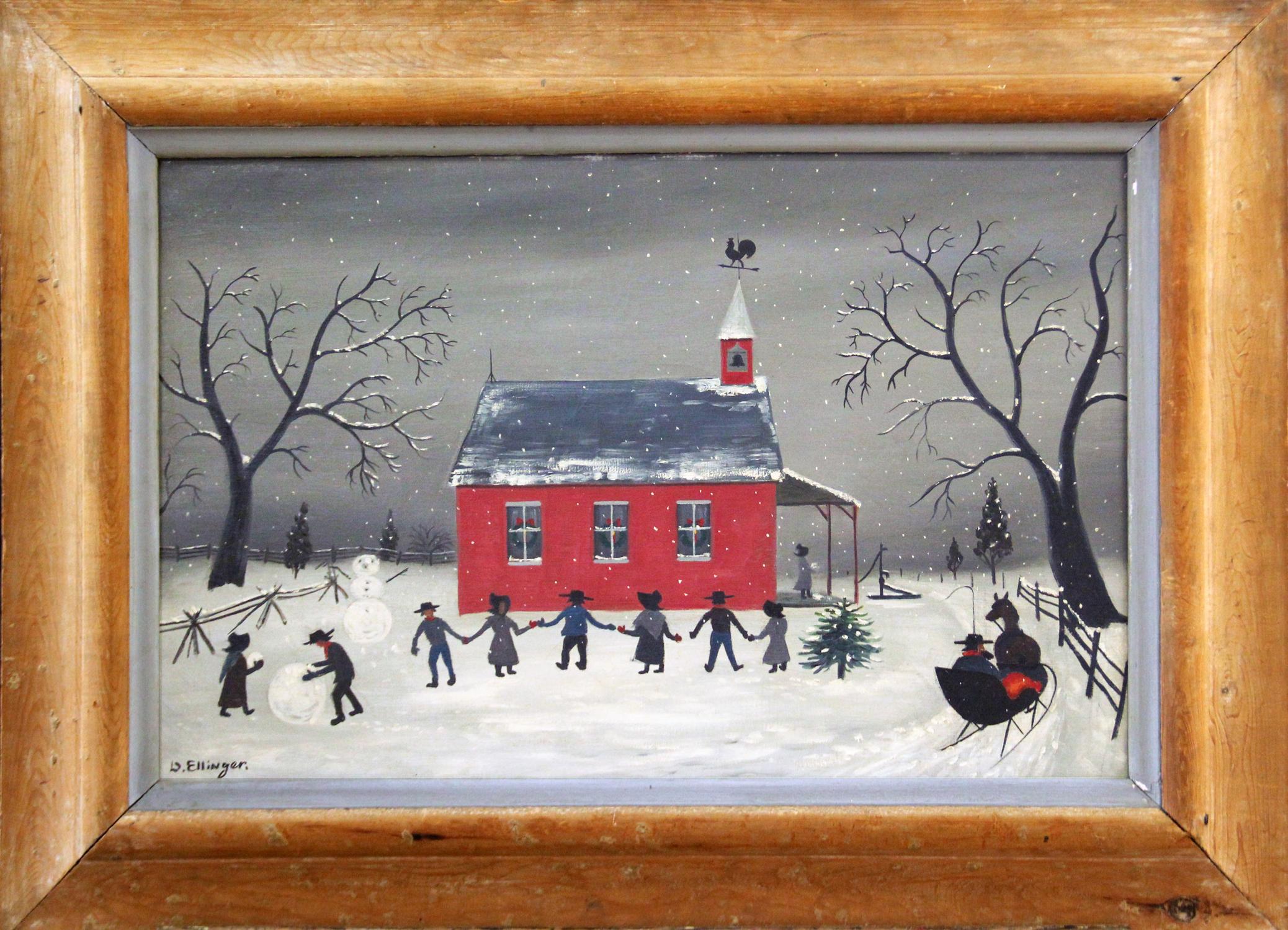 "Amish School" is an oil on canvas painting by Pennsylvania Dutch folk artist and antique dealer, David Ellinger (American, 1913 - 2003).
The 18" x 28" painting of an Amish schoolhouse in a snowy landscape, with children playing in the yard is