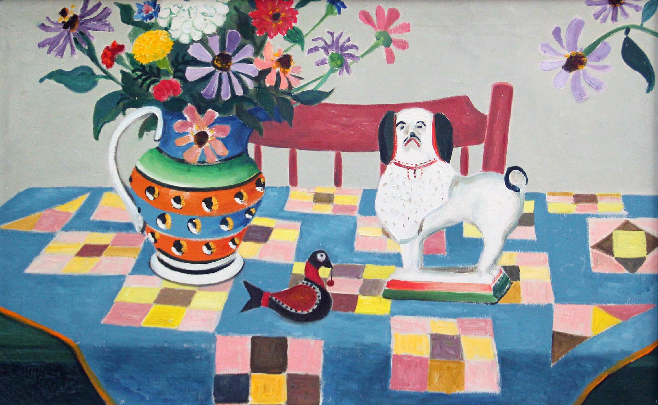 "Moca Pitcher Still Life" is an oil on canvas painting by Pennsylvania Dutch folk artist and antique dealer, David Ellinger (American, 1913 - 2003).
The 20" x 32" still life painting with a vase of flowers and animal figurines  is signed "D