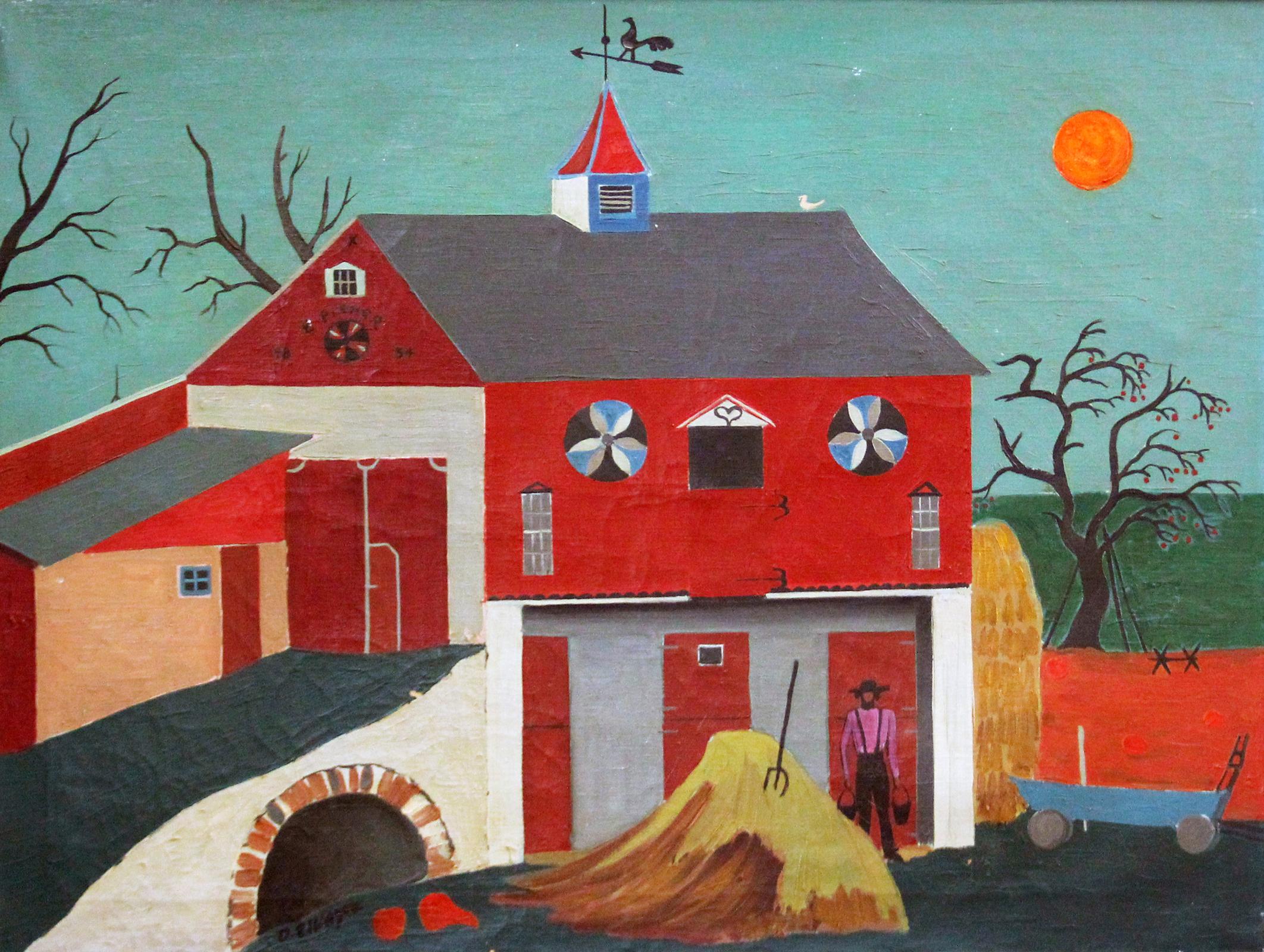 "Barn Hill" is an oil on canvas painting by Pennsylvania Dutch folk artist and antique dealer, David Ellinger (American, 1913 - 2003).
The 24" x 32" farm scene with red barn is signed "D Ellinger" on the front lower left as well as signed and titled