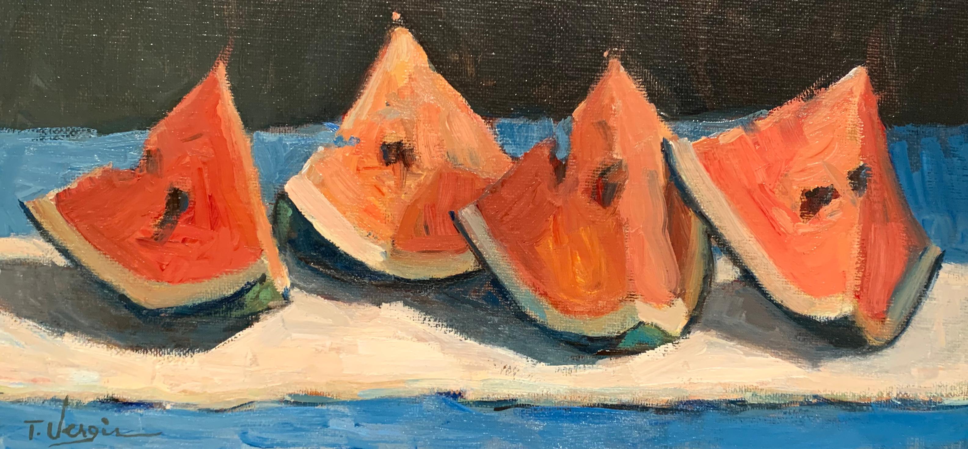 "End of Season Watermelon" is an 6" x 12" oil on canvas, mounted to board, food still life painting from 2019 by American artist Trisha Vergis. It is signed "T. Vergis" in the lower left.
Trisha Vergis, born in 1962, is a painter, master woodcarver,