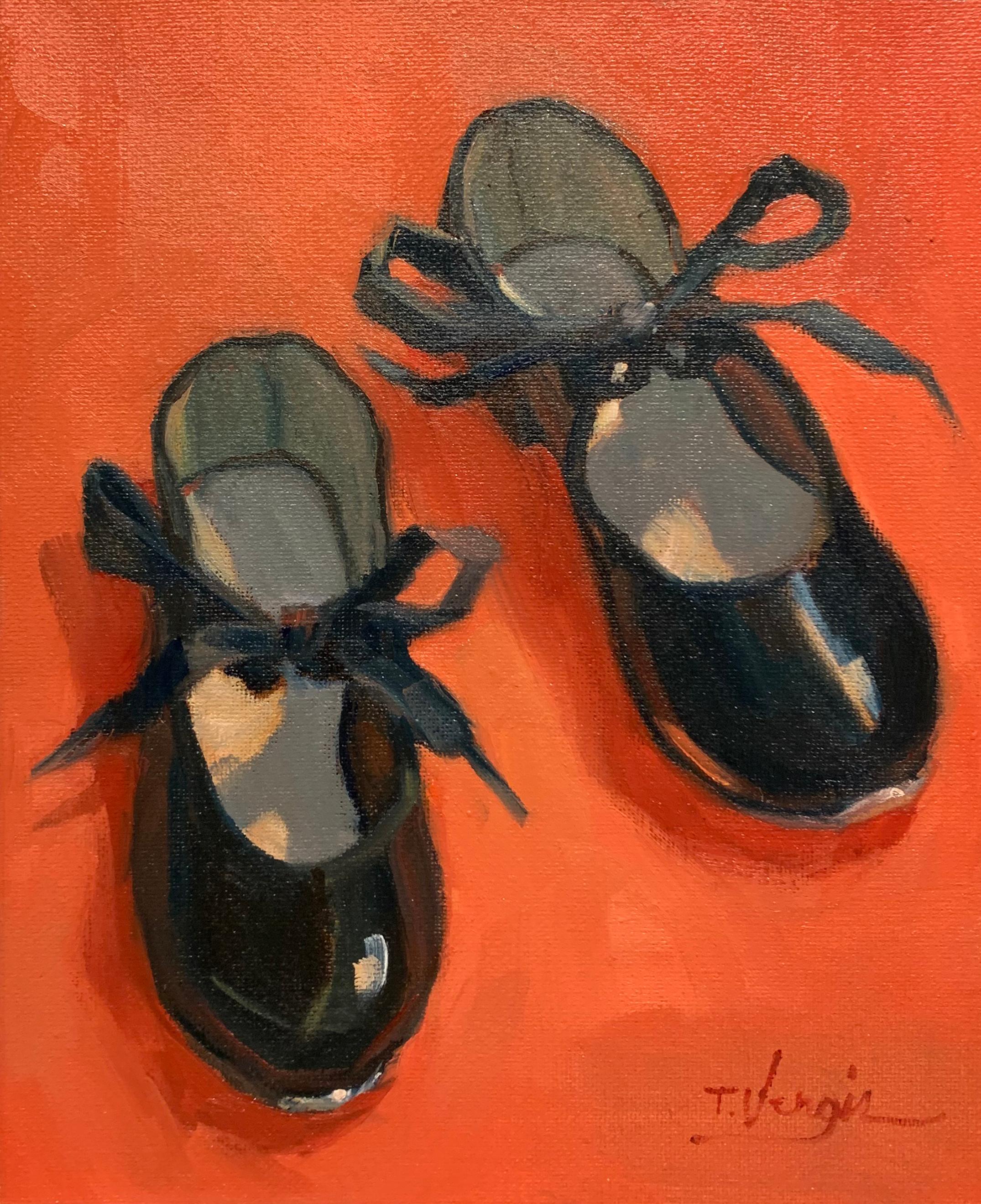 "Little Black Tap Shoes 2" is an 8" x 10" oil on canvas, still life painting from 2019 by American artist Trisha Vergis. It is signed "T. Vergis" in the lower right.
Trisha Vergis, born in 1962, is a painter, master woodcarver, and conservator based