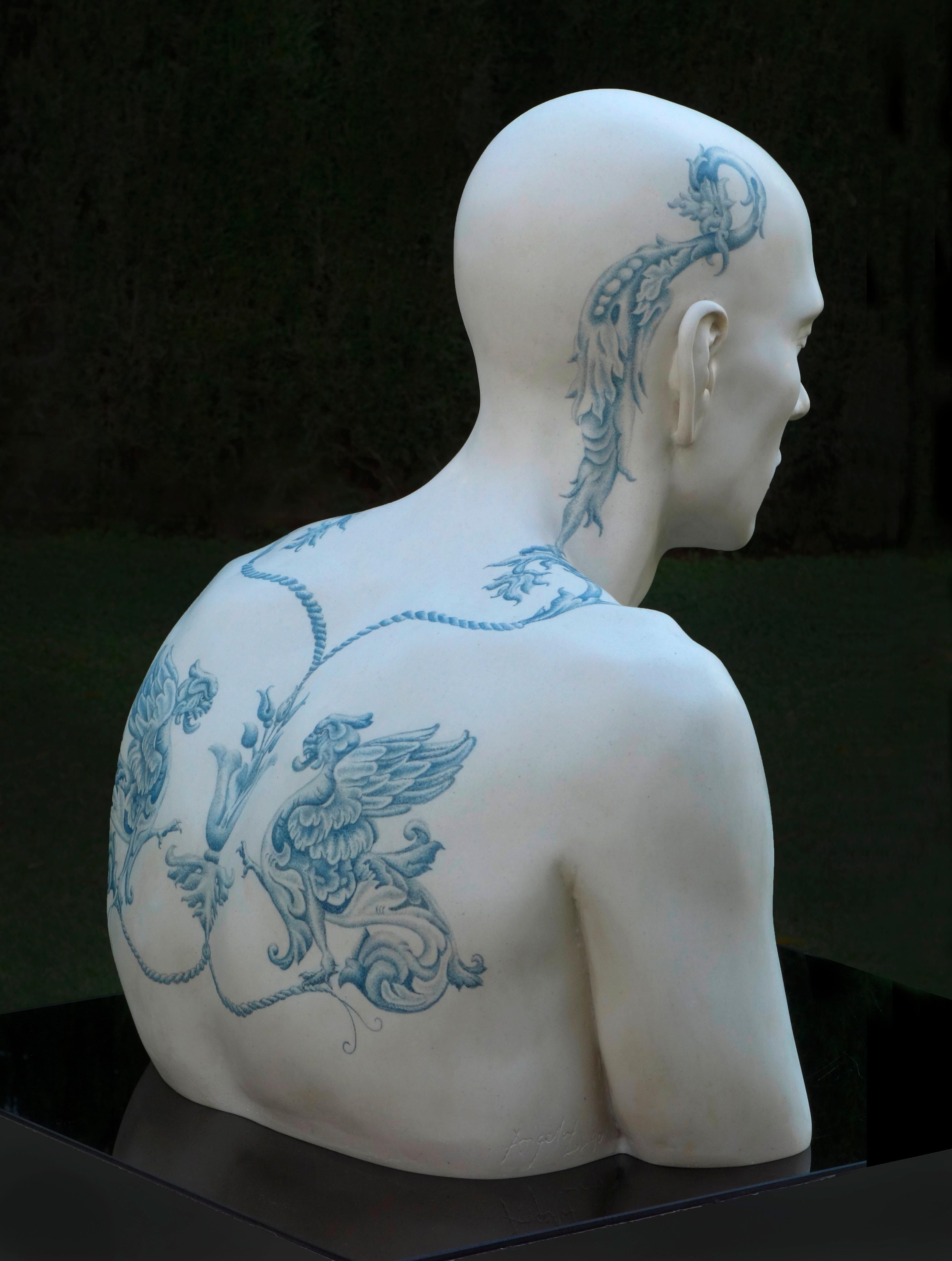 Angela Lergo Figurative Sculpture - EVEN IN THE DARKEST HOURS. TATTOOED III, 21st century, modern, figurative, man