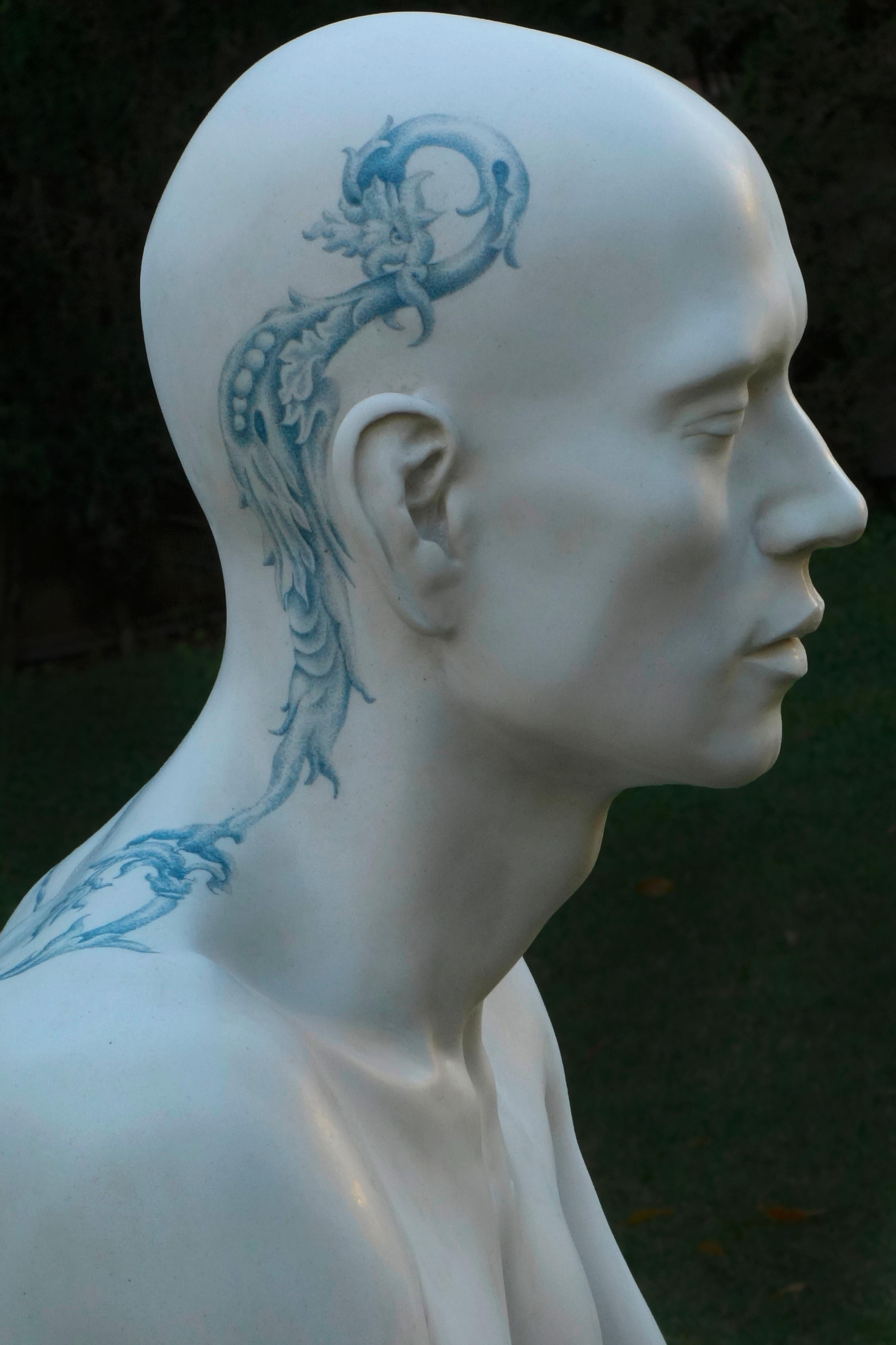 EVEN IN THE DARKEST HOURS. TATTOOED III, 21st century, modern, figurative, man - Sculpture by Angela Lergo