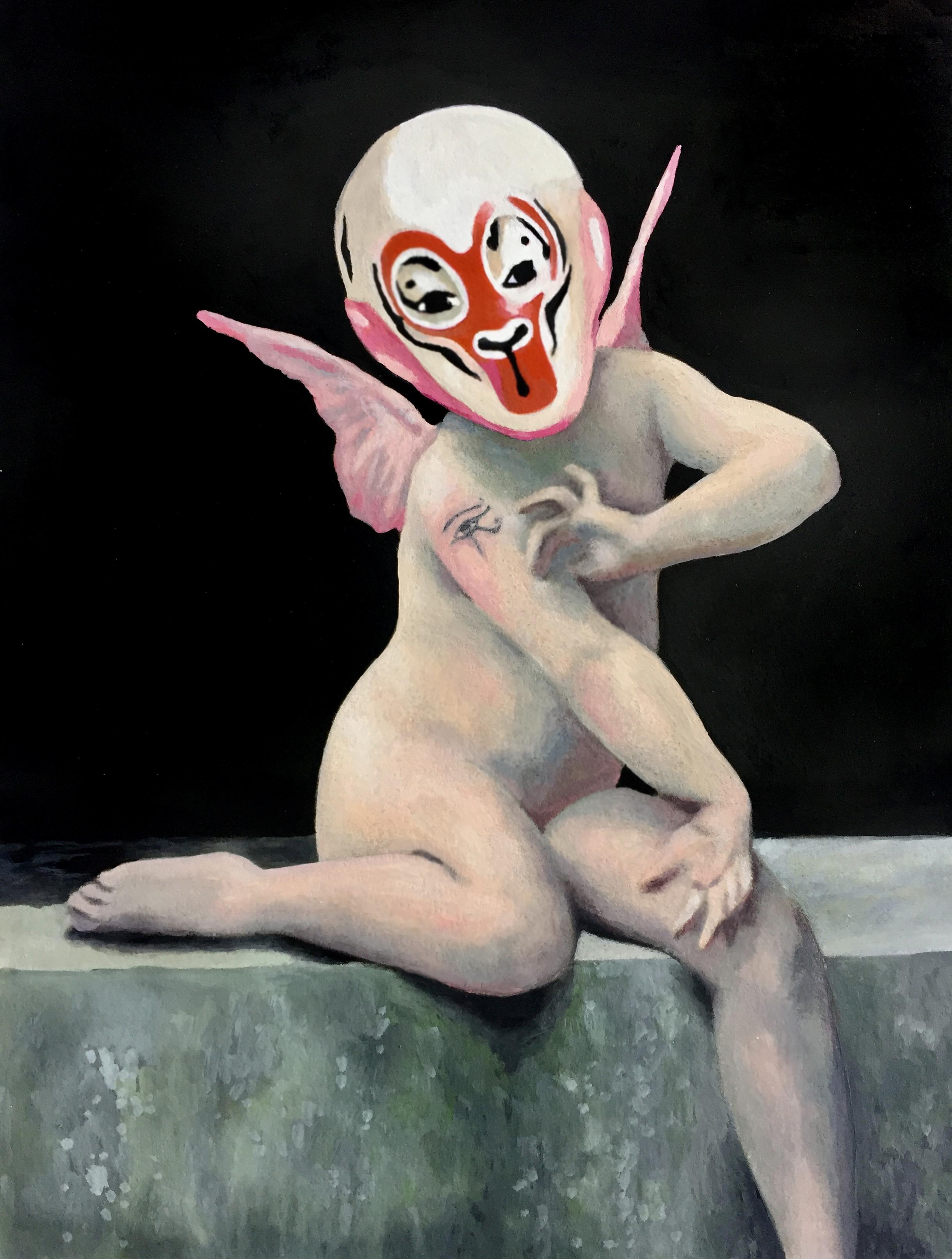 Tanja Hirschfeld Figurative Painting - LuchadorPutte, , 21st century, modern, nude, mask, japanese, 