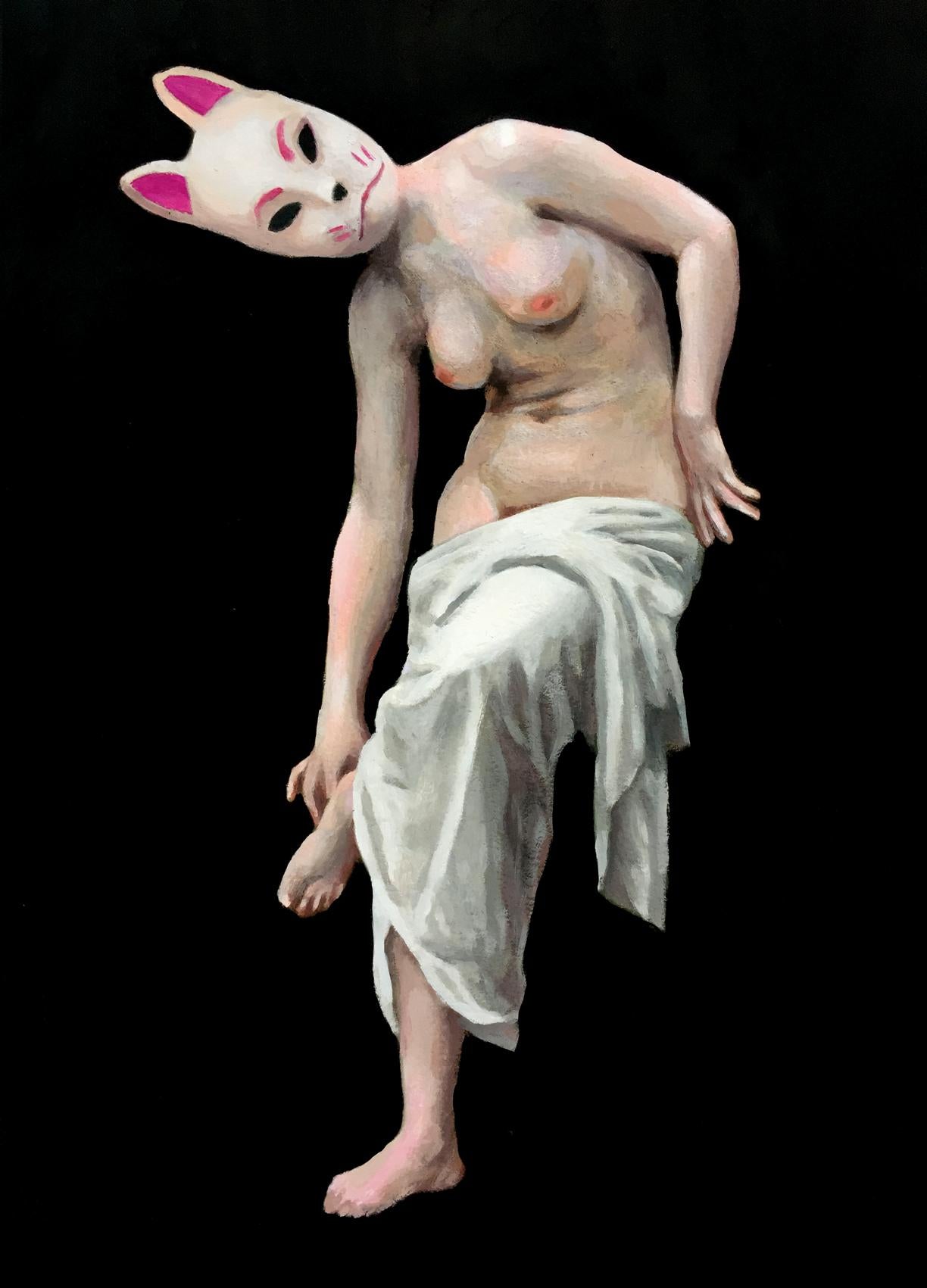 Tanja Hirschfeld Nude Painting - Cat Woman, 21st century, modern, nude, mask, japanese, 