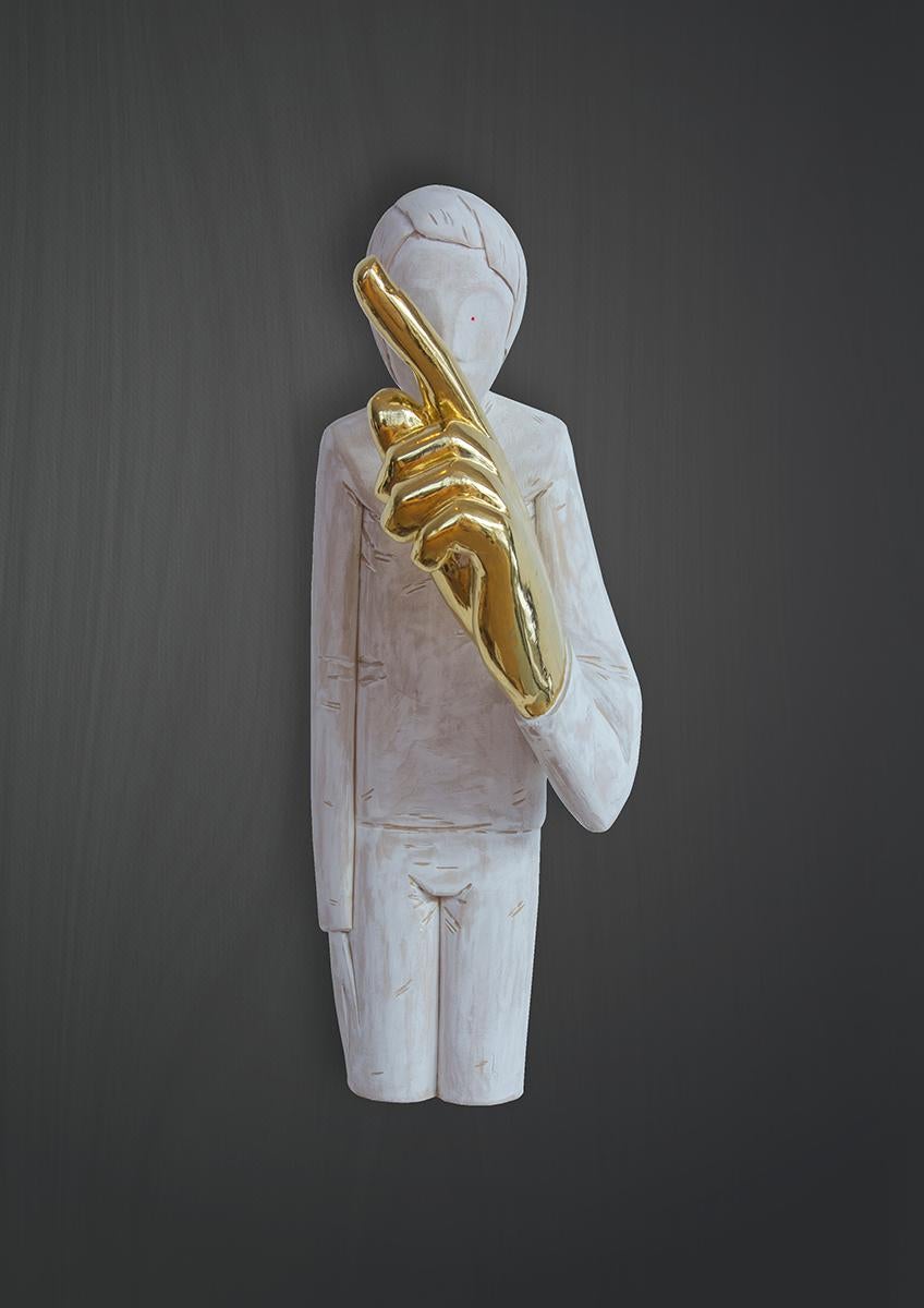 Ivan Lardschneider Figurative Sculpture - Schweigen ist gold , 21st century, modern, basswood, gold leaf, LEGO