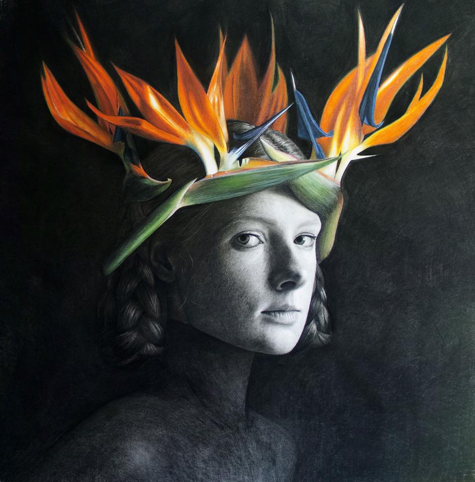 Jorge Villalba Figurative Art - Elena, 21st century, modern, portrait, flowers, woman, crown