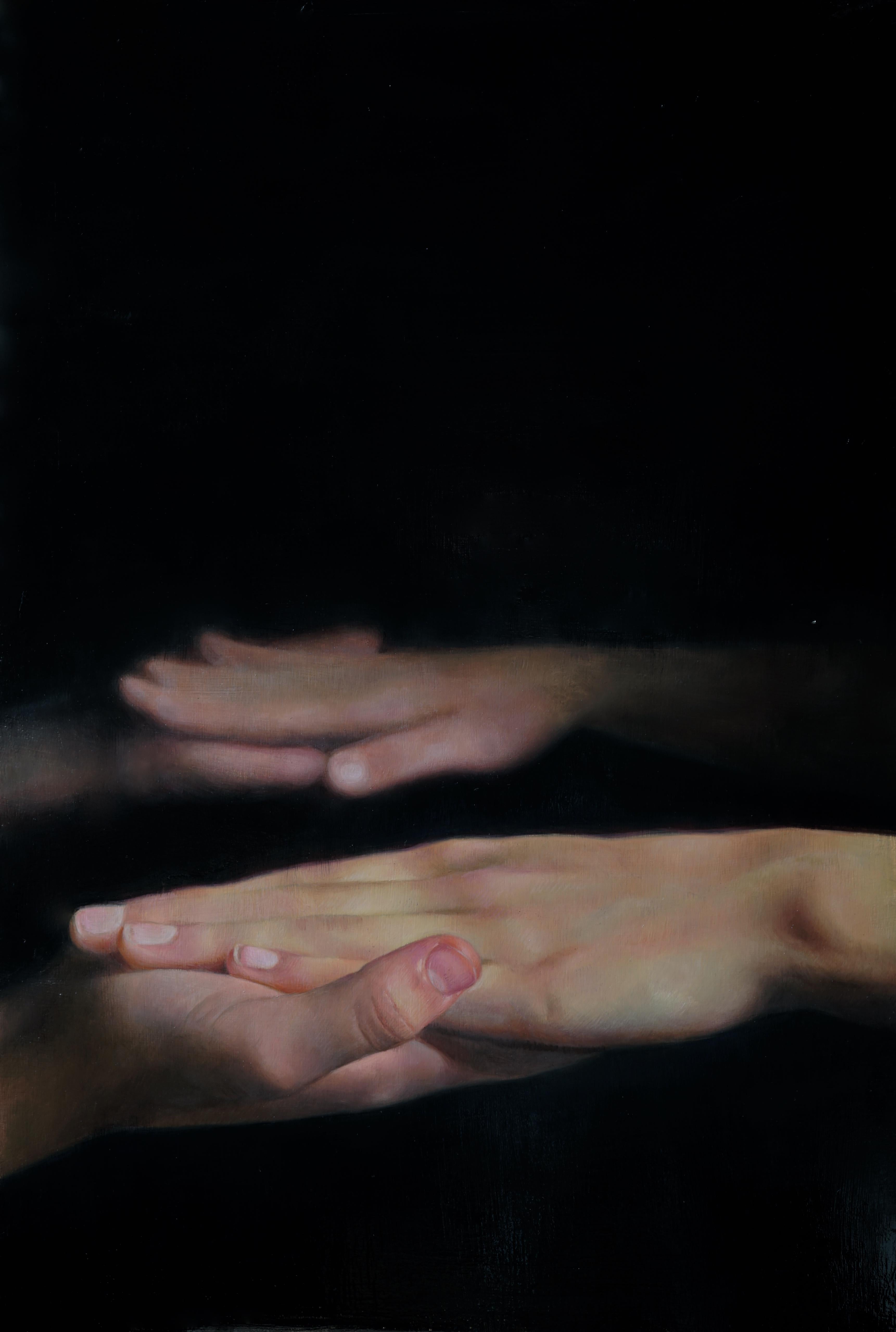 Anne-Christine Roda Figurative Painting - Attachement I , 21st century, modern, hands, detail