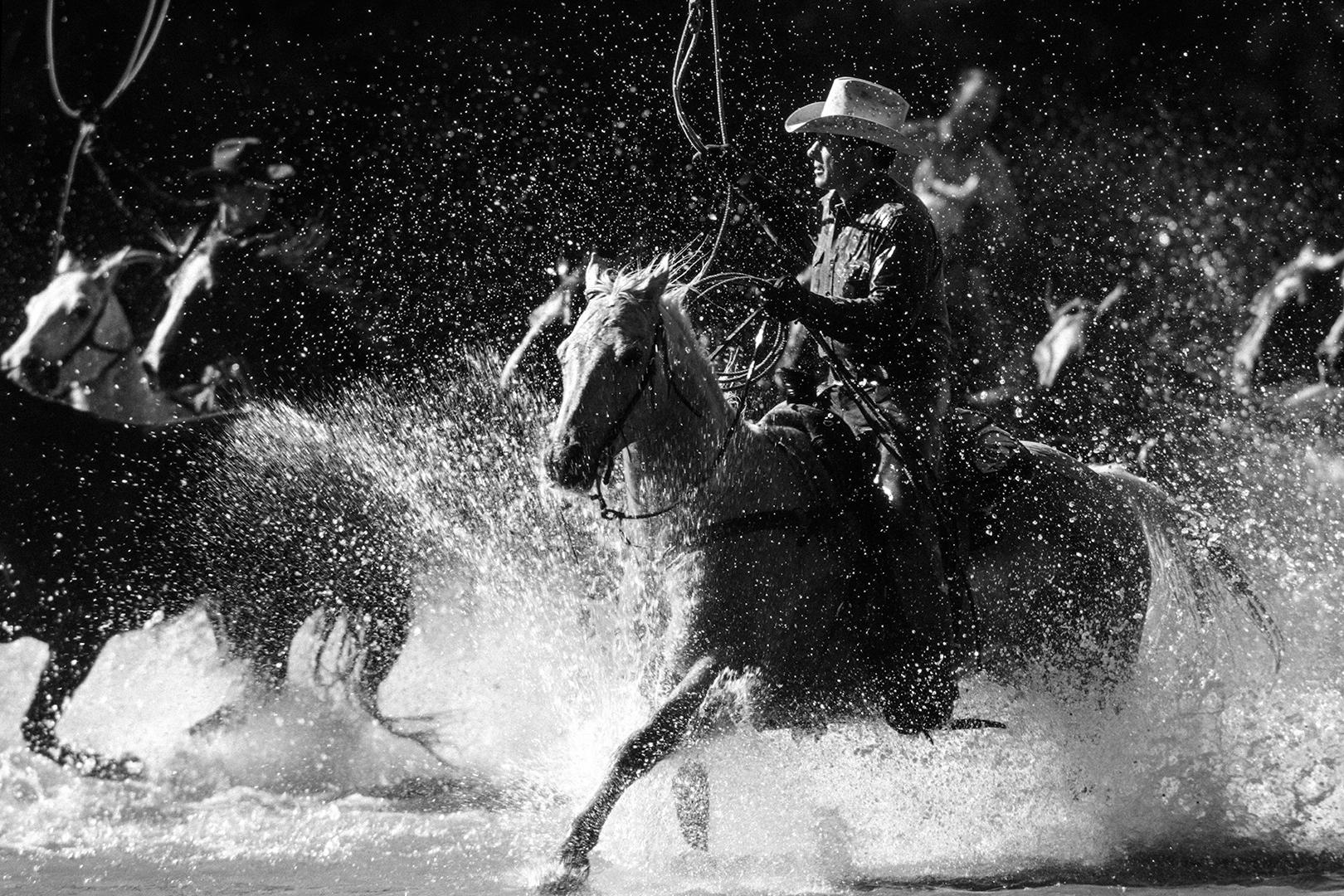 Hannes Schmid Black and White Photograph - Ride Up, Black and Wirte Photography, Marlboro Man, Horses