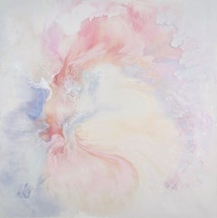 Used Only In Dreams by Sarah Raskey. White with pink and blue. Mixed media on canvas