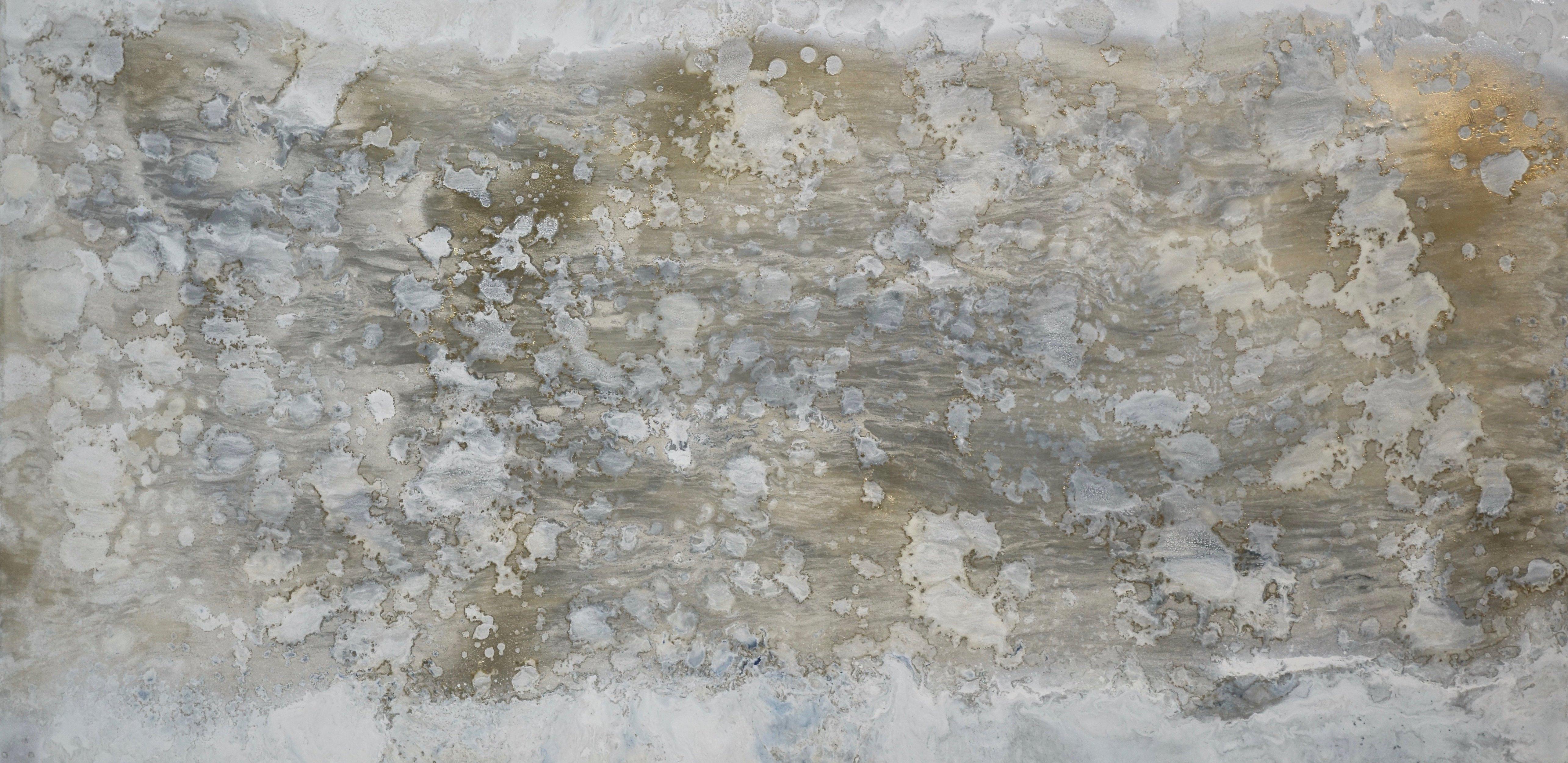 Alchemy and Ivory by Sarah Raskey is a 36 x 18 inch mixed media abstract painting on canvas. 
Serene white alchemically swept across a peaceful gold backdrop.

Sarah Raskey is a visionary artist, a licensed clinical professional psychotherapist, a