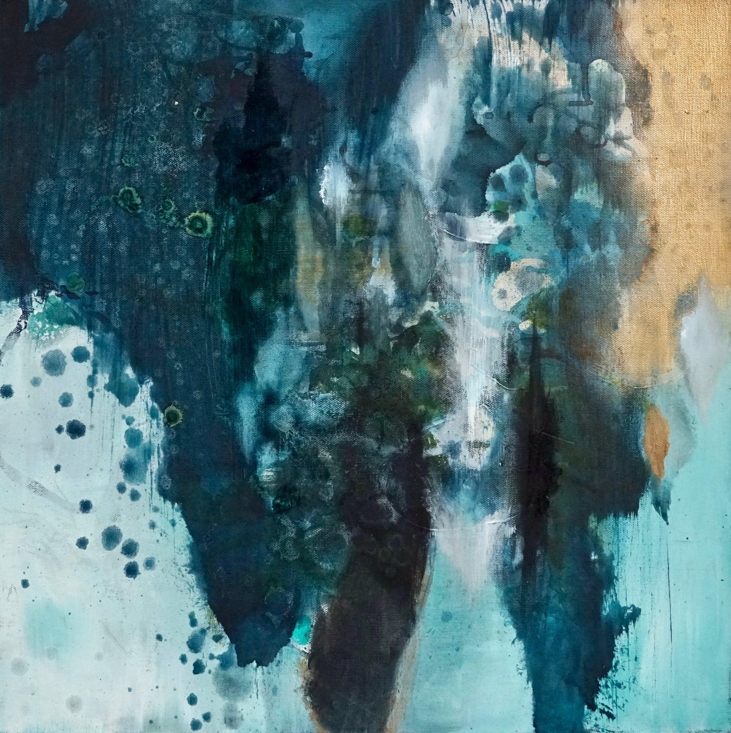 Promise of a New Morning by Sarah Raskey is a 20 x 20 inch mixed media abstract painting on canvas. 
Tranquil turquoise and gold wash over a serene blue-green abstract atmosphere. 

Sarah Raskey is a visionary artist, a licensed clinical