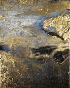 Language of Luxe, Sarah Raskey. Gold and blue. Mixed media on canvas