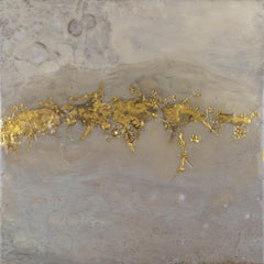 Used On the Vine, Sarah Raskey. Gold and grey. Mixed media on canvas