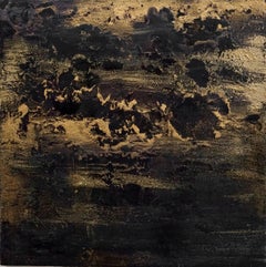 Used Midnight Oil, Sarah Raskey. Black and gold. Mixed media on canvas