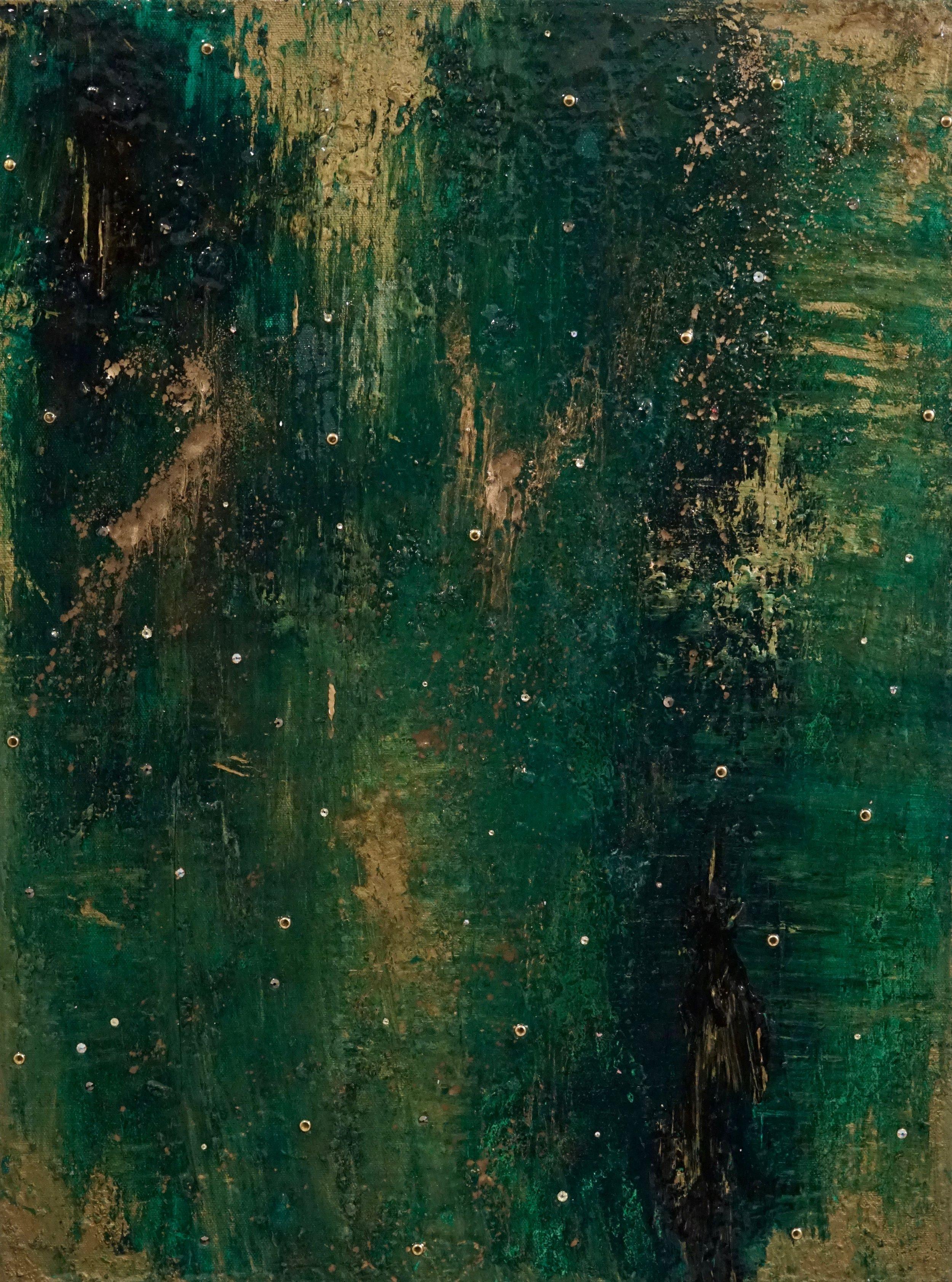 In Search of the Emerald City, Sarah Raskey. Green and gold. Mixed media  For Sale 1