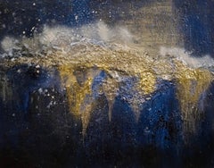 Used Pyrite Map, Sarah Raskey. Blue and gold. Mixed media on canvas 