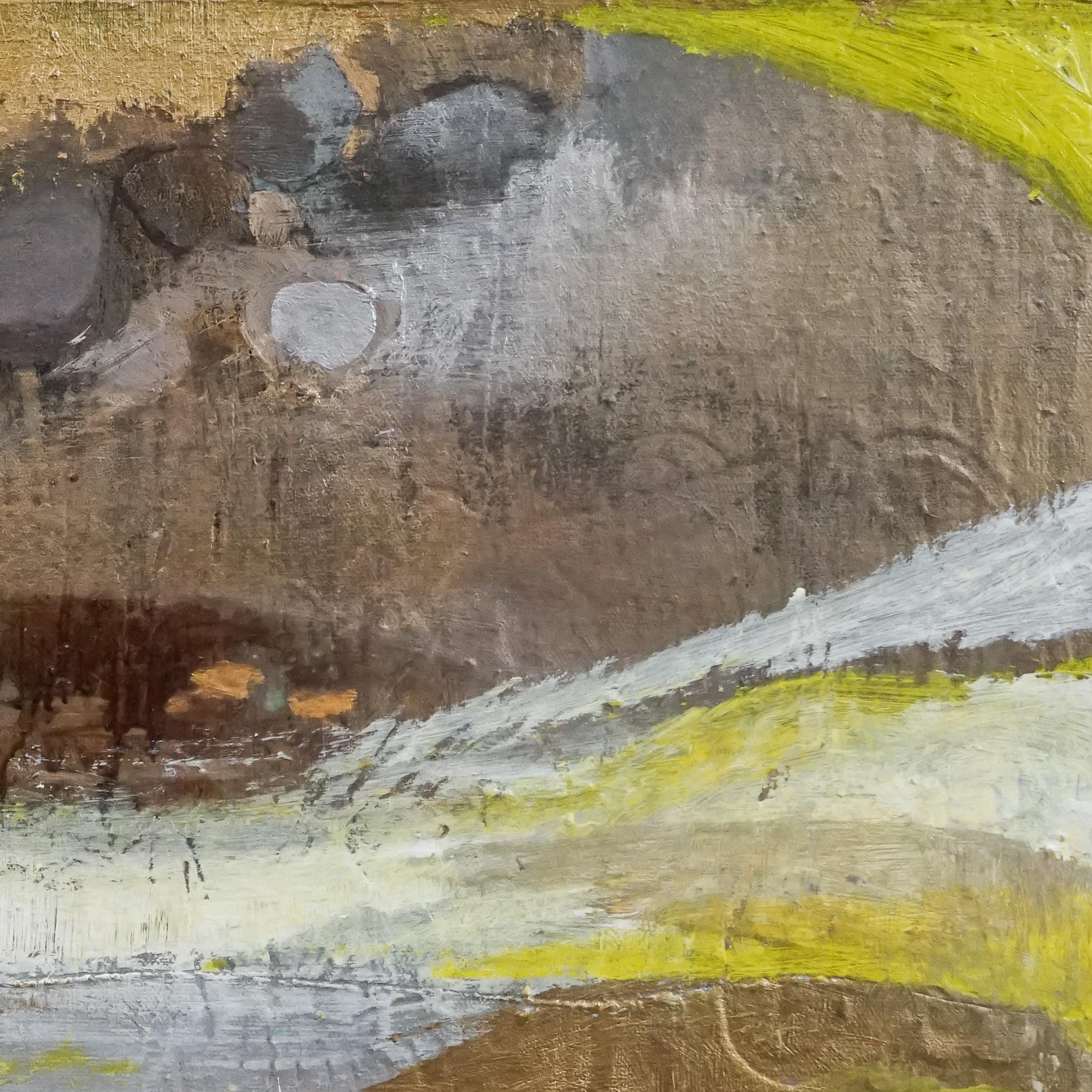 Wisteria and Citron, Sarah Raskey. Yellow and brown. Mixed media on canvas For Sale 1