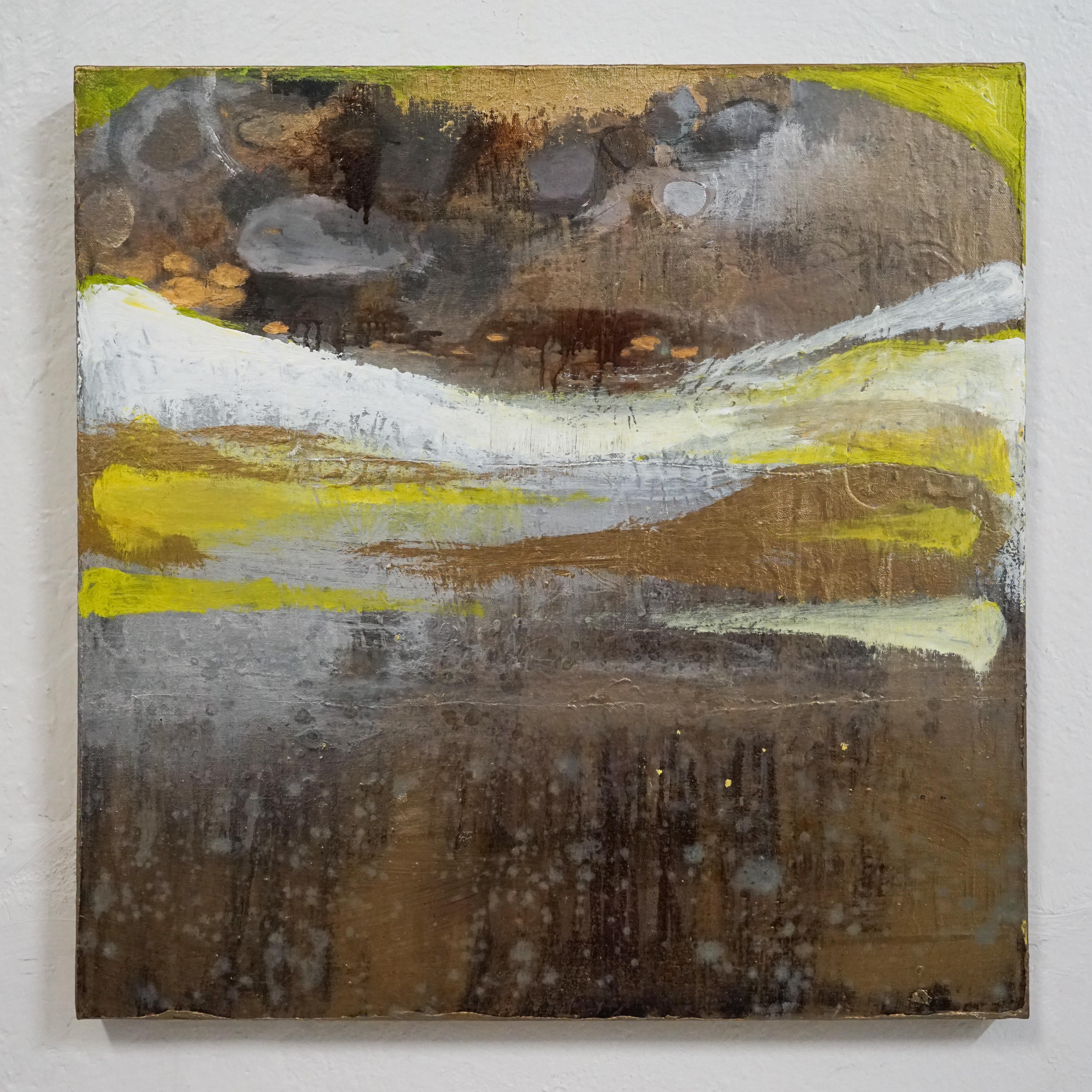 Wisteria and Citron, Sarah Raskey. Yellow and brown. Mixed media on canvas For Sale 3