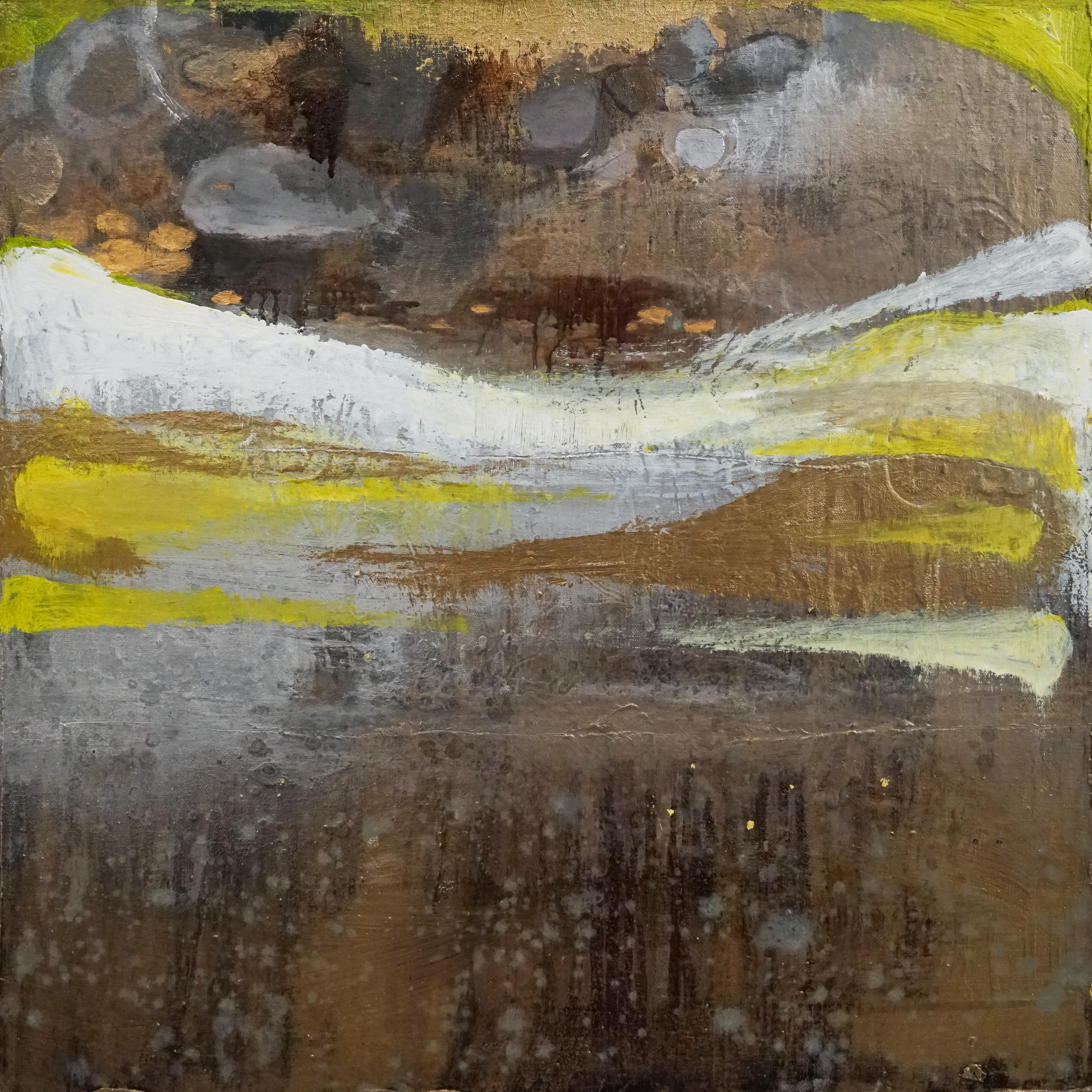"Wisteria and Citron" by Sarah Raskey is a 24 x 24 inch mixed media abstract painting on canvas. 
Bands of crisp white, warm ivory and vivid yellow flow across a peaceful bronze and amber landscape evoke feelings of tranquility. 

Sarah Raskey is a