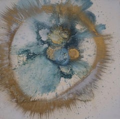 Used Celestial Soul, Sarah Raskey. Gold circle with turquoise. Mixed media.
