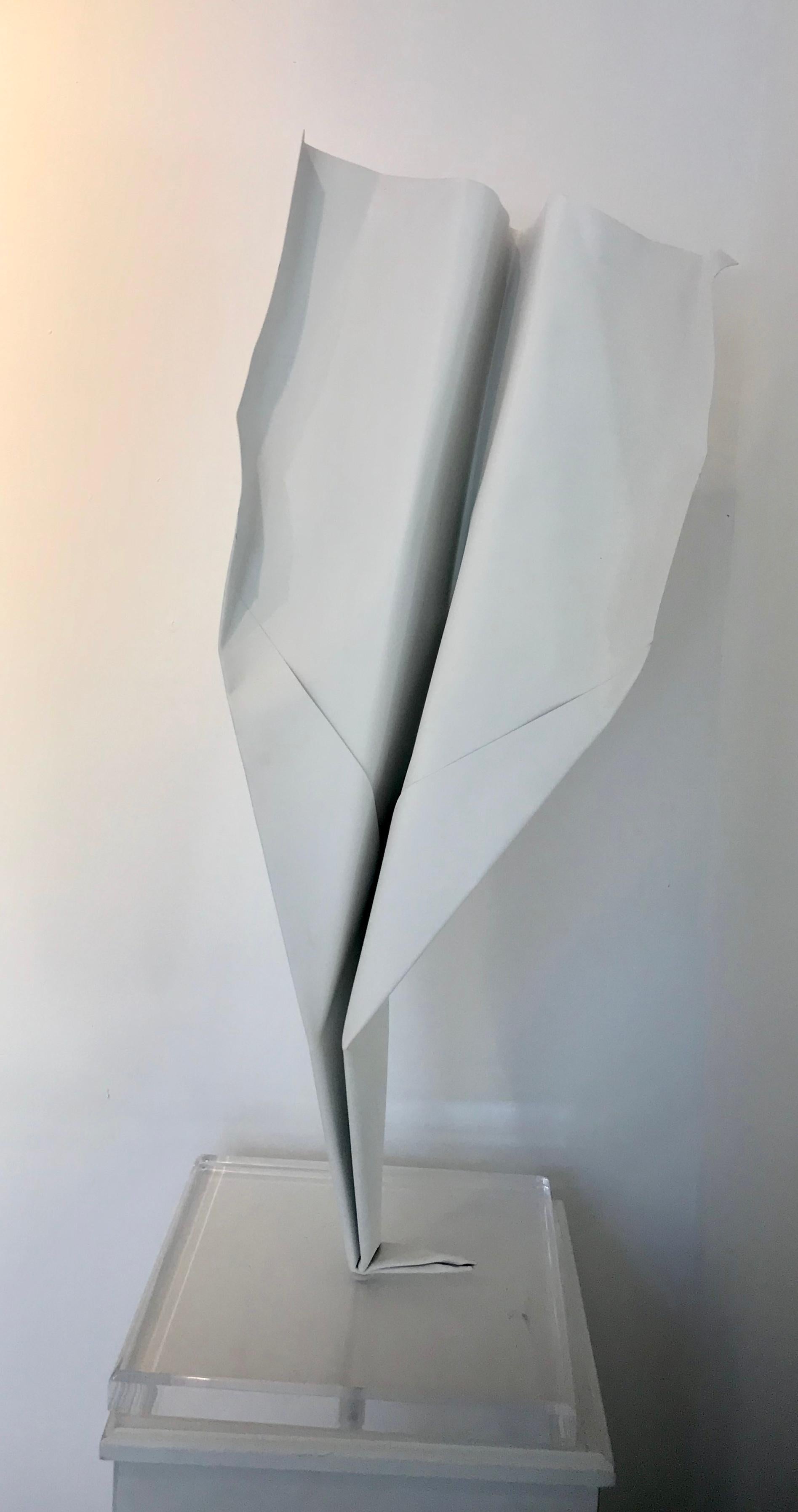 Blue and Joy, Daniele Sigalot, Paper Plane, Aluminum, White Spray Paint, 2014