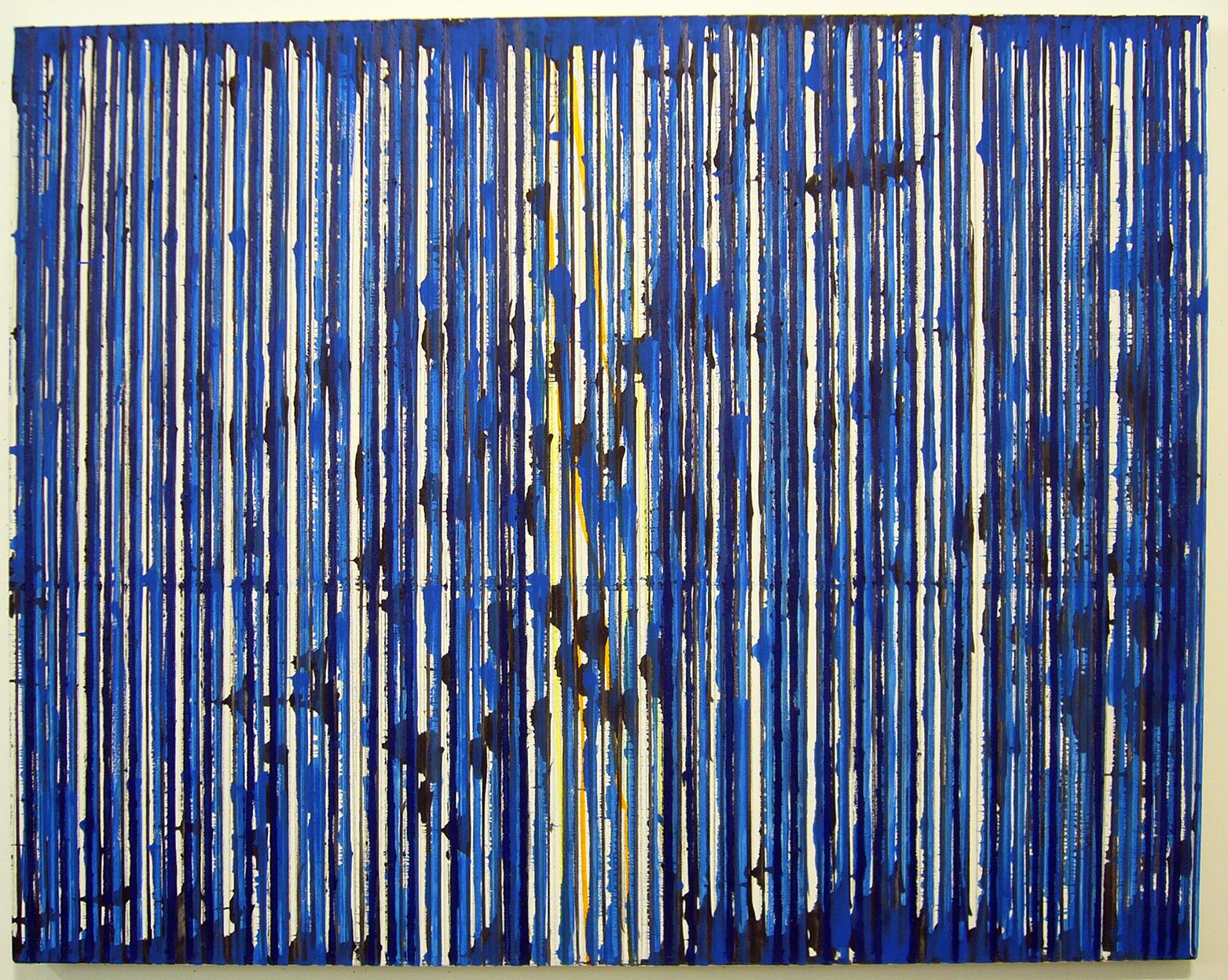 Untitled Big Stripes by Ann Chisholm.
Mixed media on canvas. 

Communication or communicating is a theme in Ann Chisholm's work, especially in the collages. She uses words, numbers, and symbols to give visual hints. Morse Code is an important