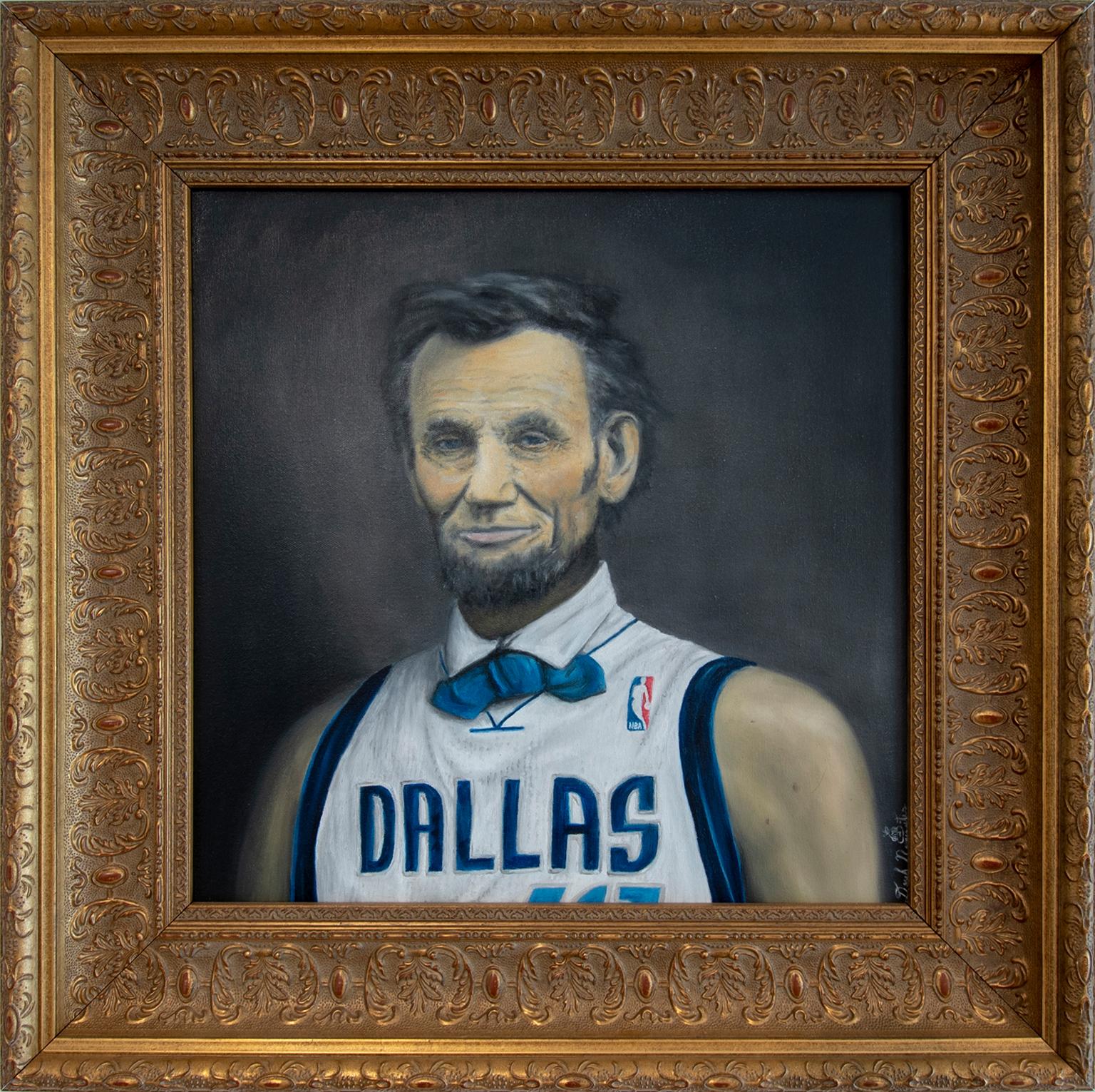 MVP #41 by Derek Nemunaitis
Oil on Canvas. Original
18 x 18 inches Unframed
Framed size 24 x 24 inches.

Viewers of MVP #41 can likely tell the artist is a Dirk Nowitzki fan and wanted to highlight his greatness by showing that Abraham Lincoln would