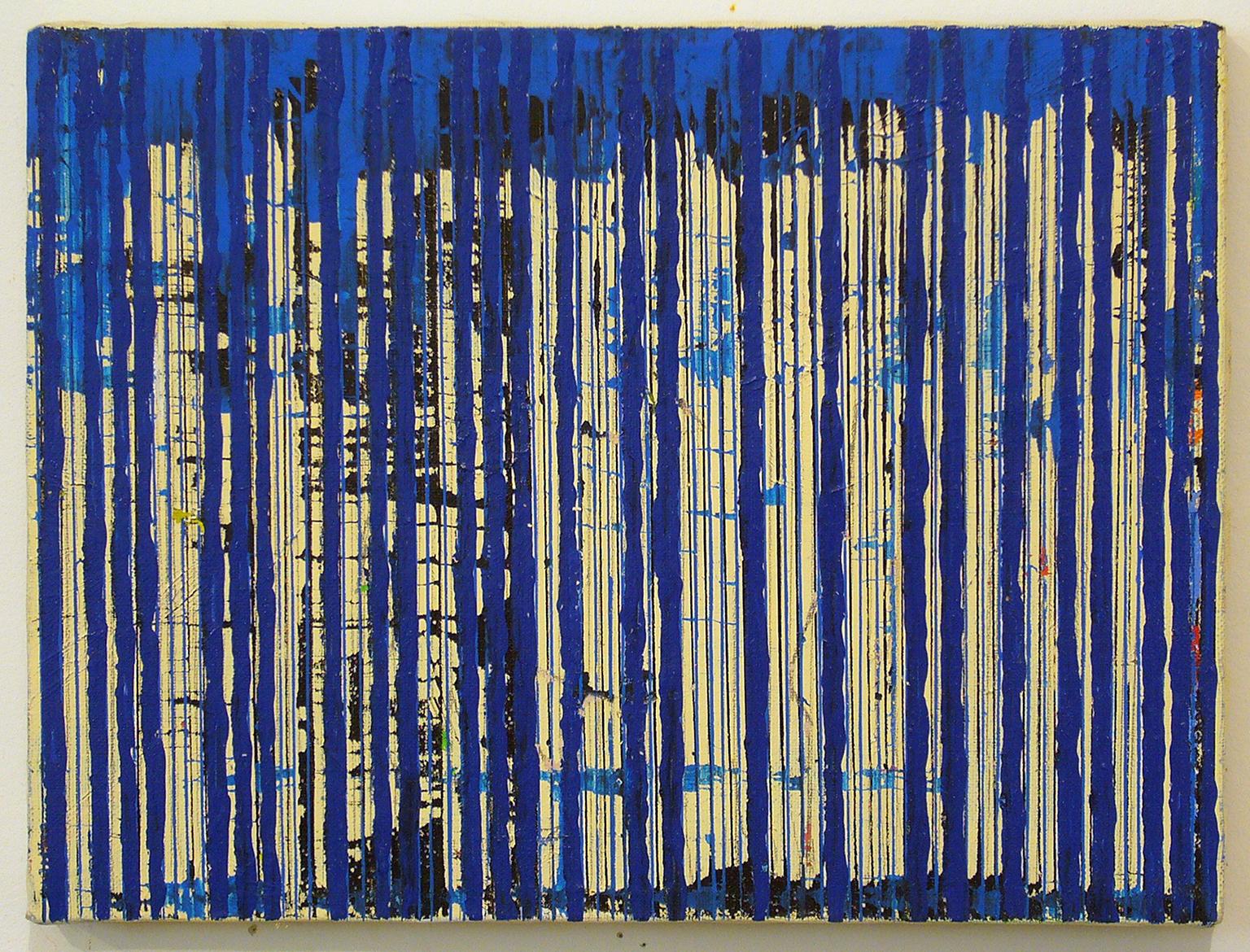 Untitled Blue Stripes by Ann Chisholm.
Mixed media
Ink and acrylic on canvas. 

Communication or communicating is a theme in Ann Chisholm's work, especially in the collages. She uses words, numbers, and symbols to give visual hints. Morse Code is an