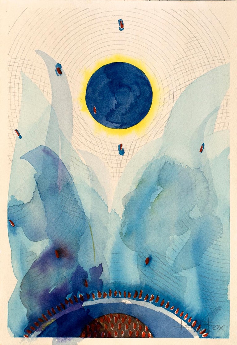 Blue Universe by Lori Fox. Blues, red and yellow abstract watercolor on paper 1