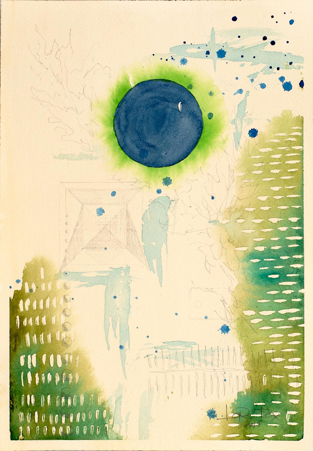 Green Universe, 2017 by Lori Fox
Watercolor and graphite on paper
10.35 x 7.125 inch 
Unframed Original

This series explores the reflection of our third dimensional world through the 3 colors our eyes are programmed to see: red, green, and blue. 