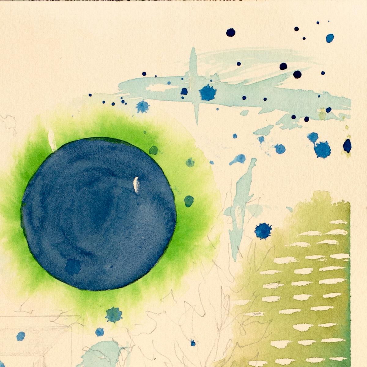 Green Universe by Lori Fox. Green and blue hues watercolor and graphite on paper For Sale 2