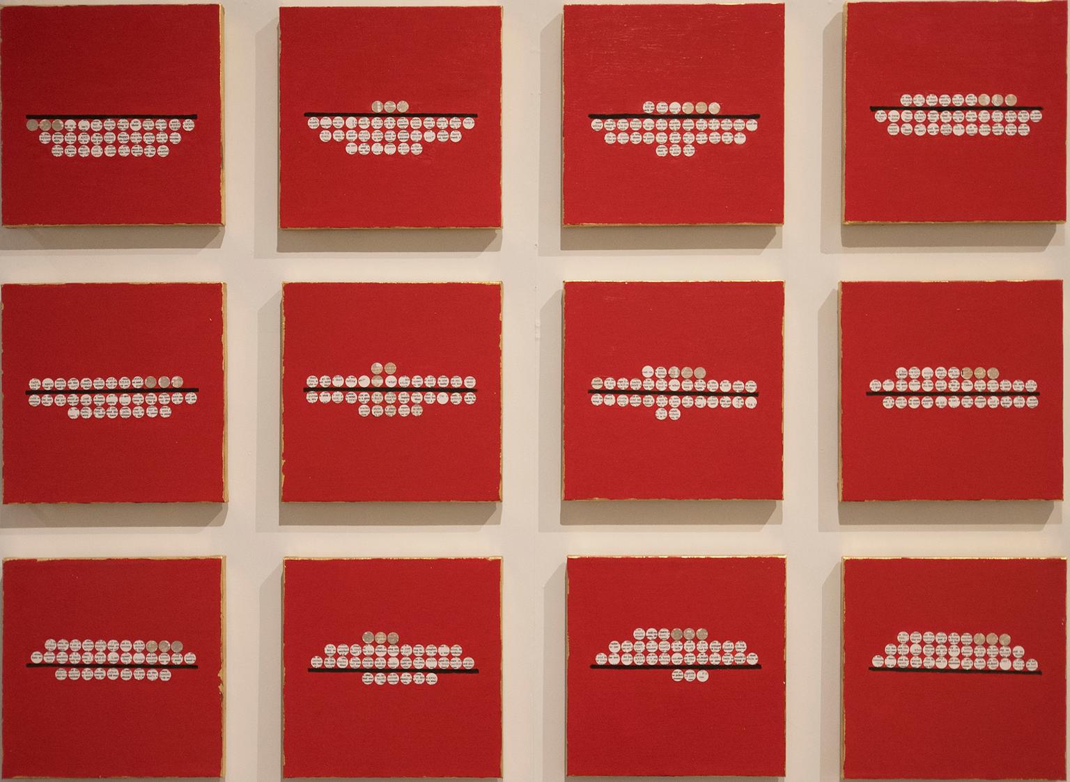 under/over by Ann Chisholm.
Paper and acrylic paint on canvas. 
42x58x1 in
under/over is about inequality. 

This work consists of 12 pieces that are each 12 x 12 x 1 inches. With a red background, and gold foil edges, there are 33 circles on each