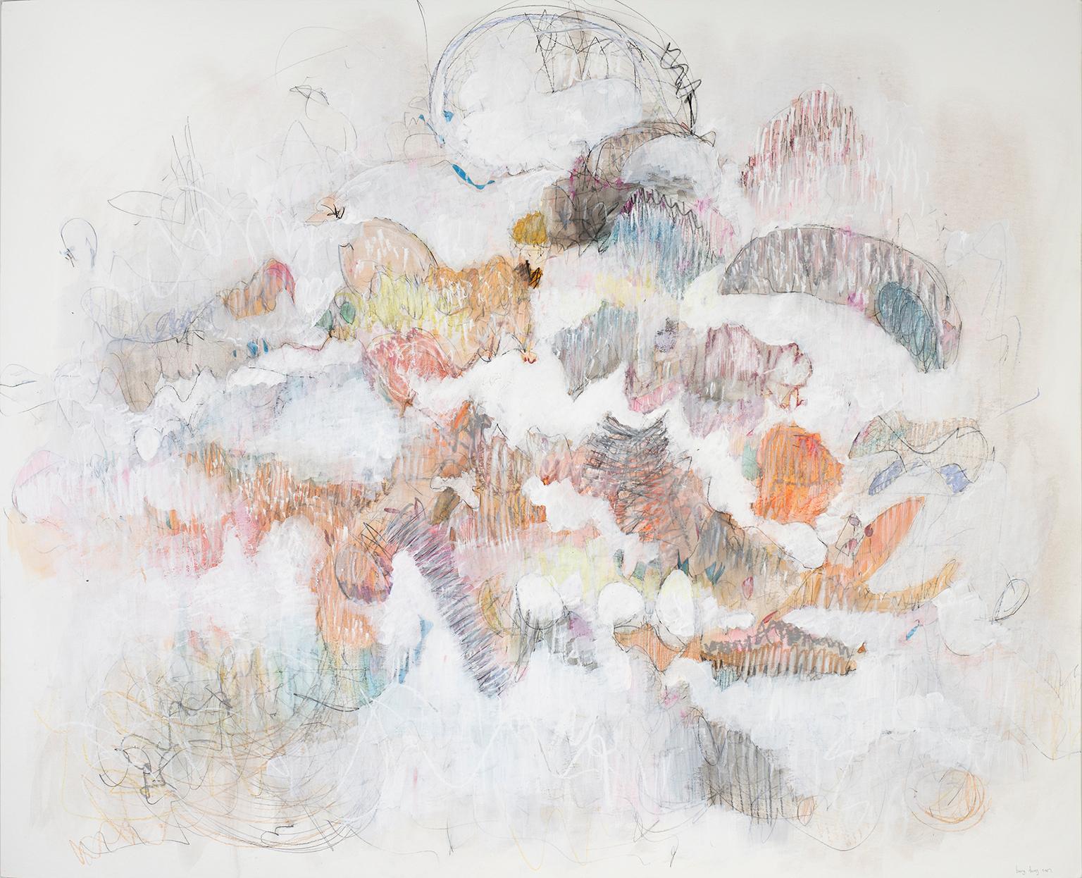 White on Scribbles 1 by Bang Dang, 2017
32 x 40 inch
Professionally float framed with a 1 inch border. 
Watercolor, ink, color pencil, pastel, graphite and gesso on paper.

Bang Dang's work is a form of meditation apart from his work as an