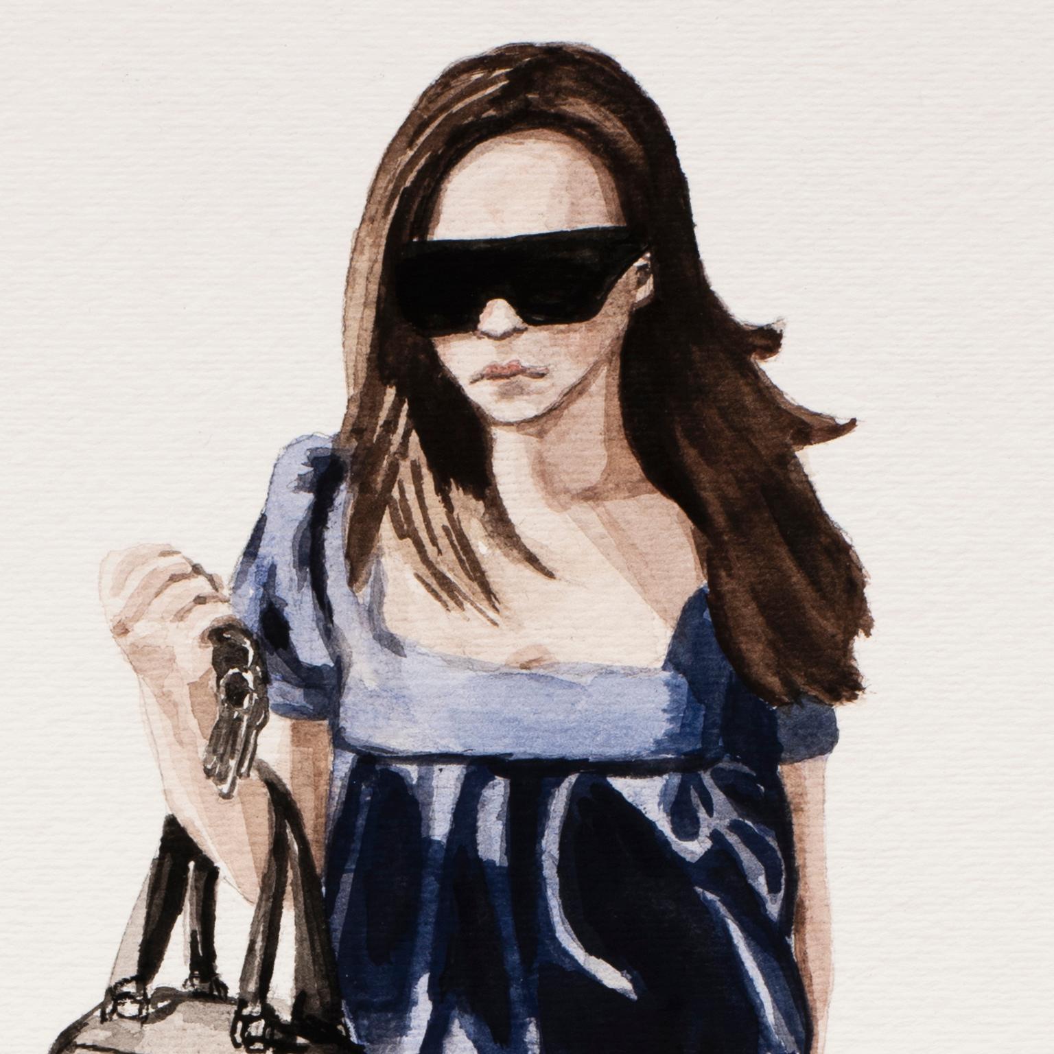 Courtney Incognito 032 by Courtney Miles, 2008. 
Original gouache and graphite on paper. 
11 x 8 inches Unframed
Brunette with blue top.

Courtney Miles originally did 100 works for the Courtney Incognito series in 2007-2008.
These paparazzi style