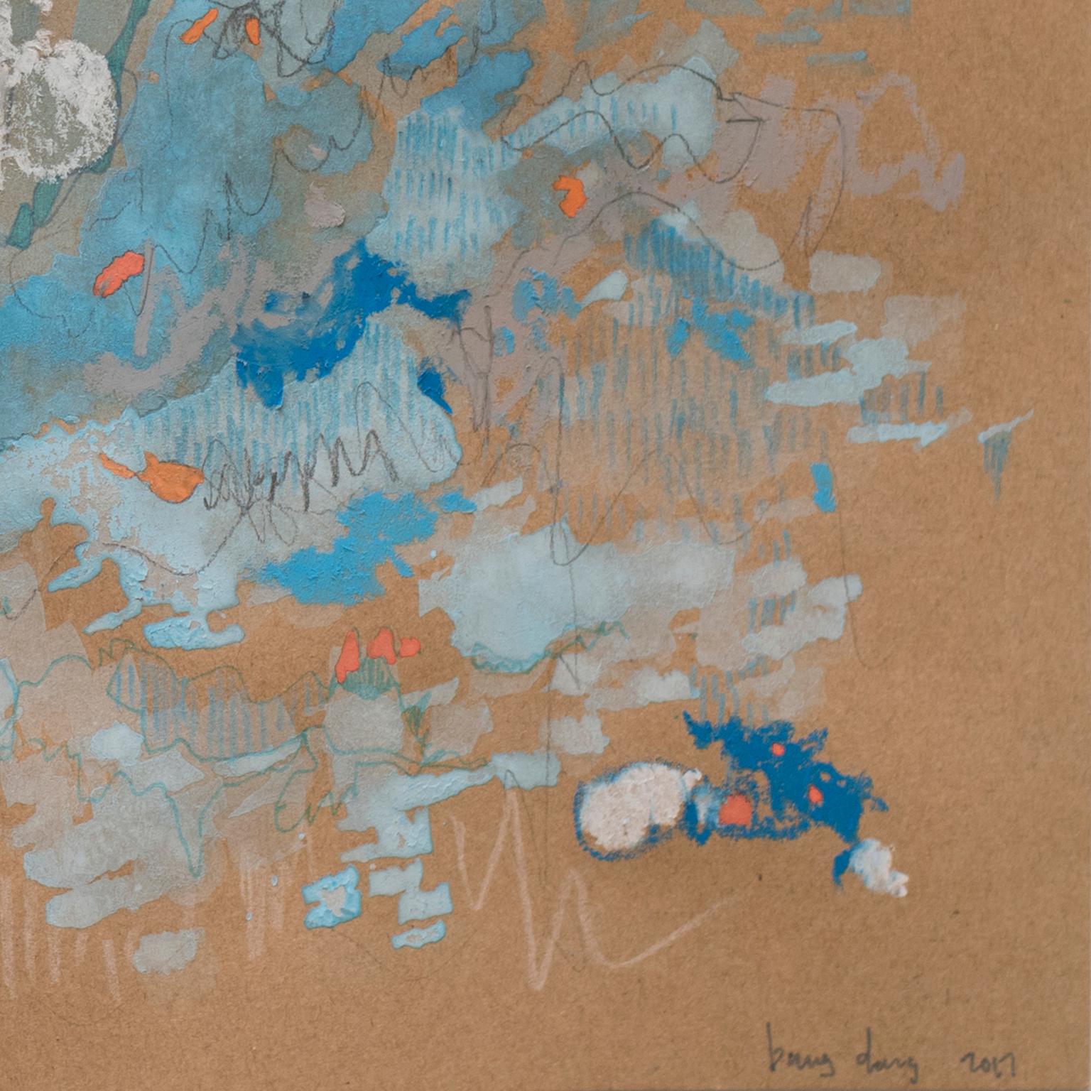Blue Tango by Bang Dang. Abstract drawing. Blue and pastel hues on brown paper 3