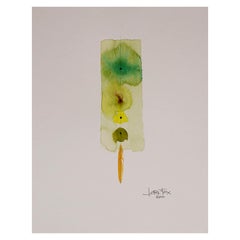 Totem 001 by Lori Fox. Green and yellow hues abstract watercolor and graphite