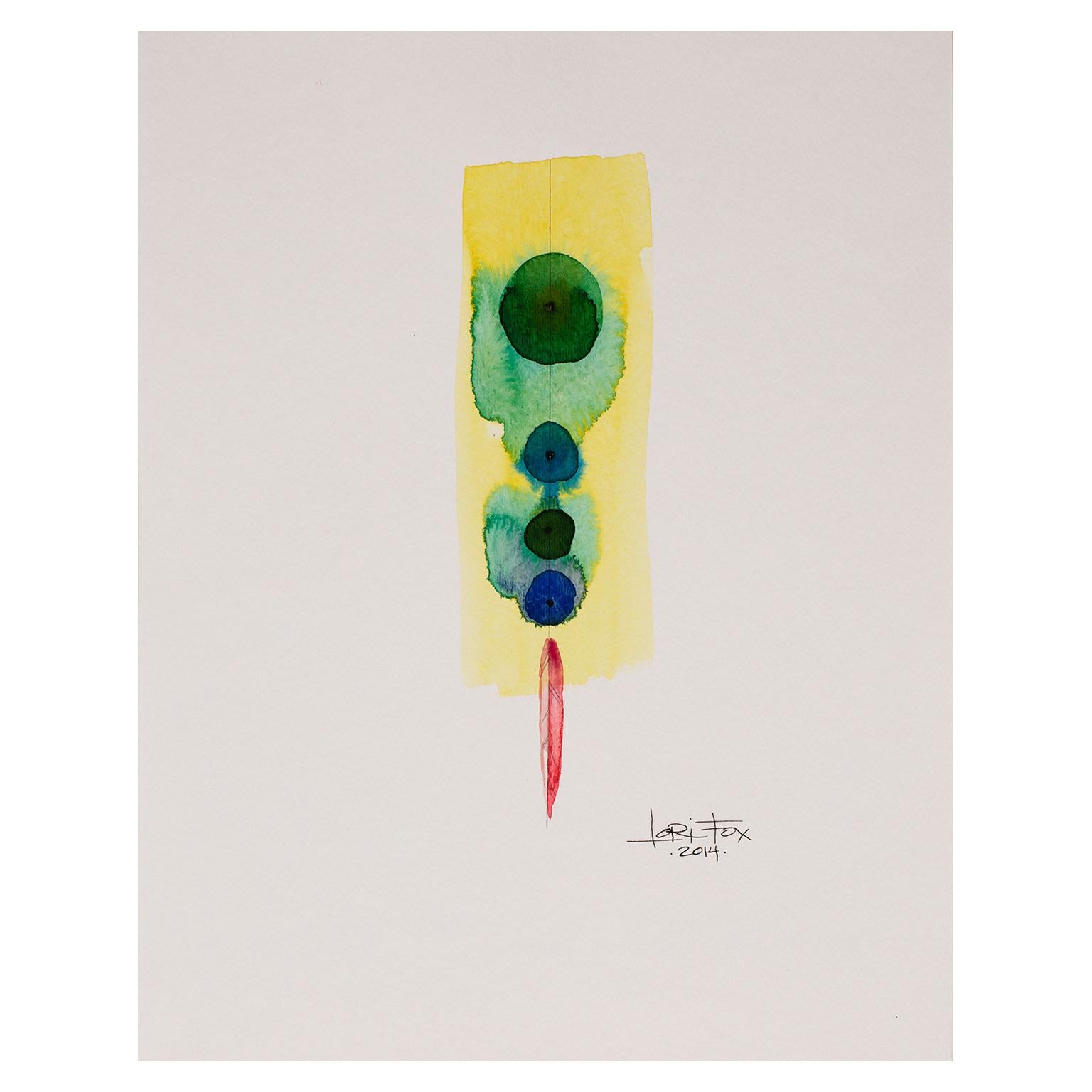 Totem 004 by Lori Fox. Yellow Green Blue and Red geometric abstract on paper For Sale 1