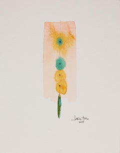Totem 008 by Lori Fox. Geometric abstract coral pink, yellow, blue and green
