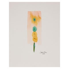 Totem 008 by Lori Fox. Geometric abstract coral pink, yellow, blue and green
