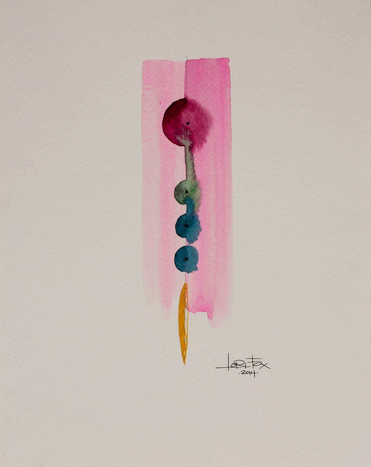 Totem 010, 2014 by Lori Fox
Watercolor and graphite on paper. 
14 x 11 inch unframed.  
Framed size is 15.25 x 12.25 x 1.75 inch (ask about framed price)
pink red blue black and yellow gold colors make this original from the Totem series by Lori